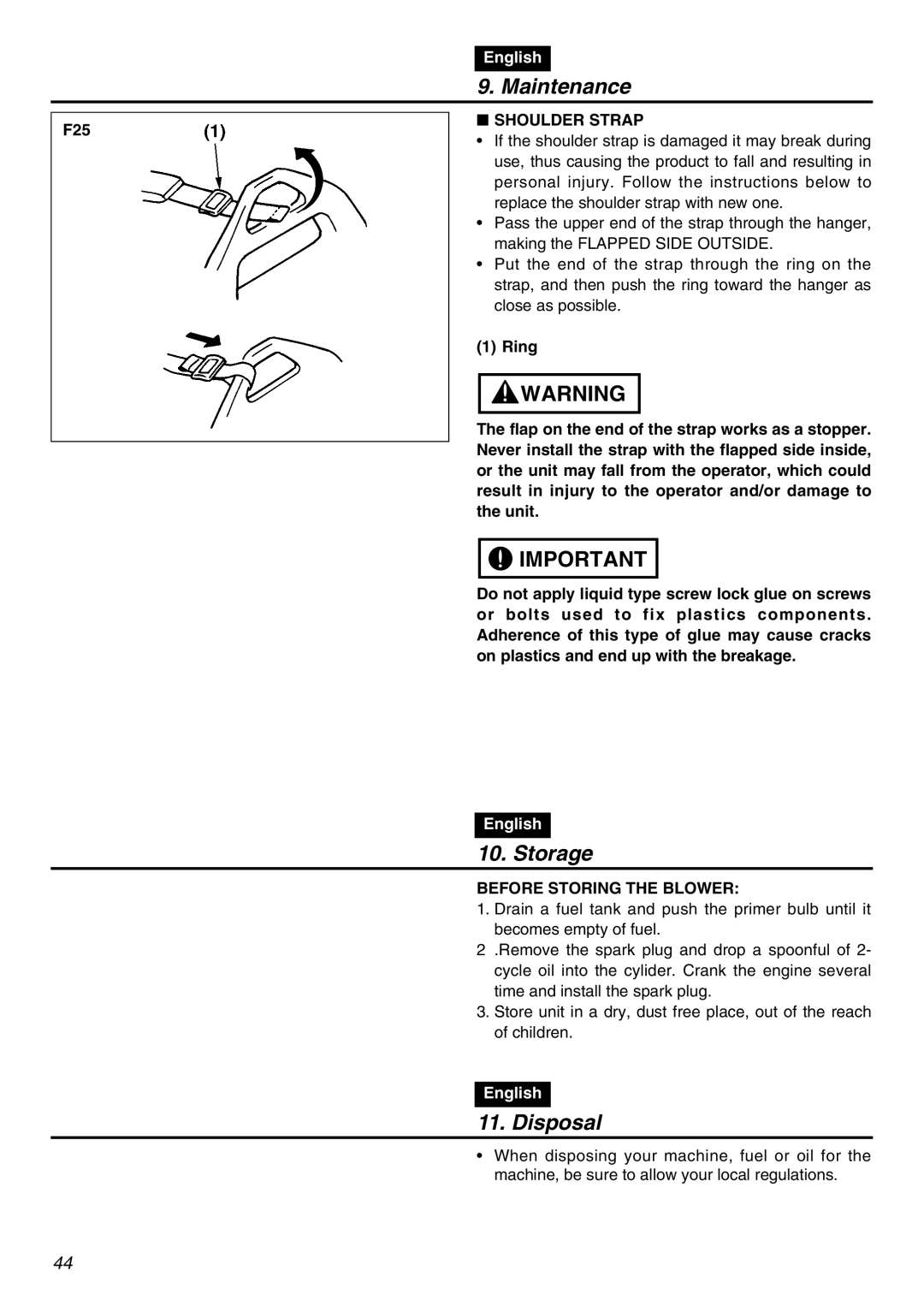 RedMax EBZ7100RH-CA, EBZ7100-CA manual Storage, Disposal, F25, Shoulder Strap, Before Storing the Blower 