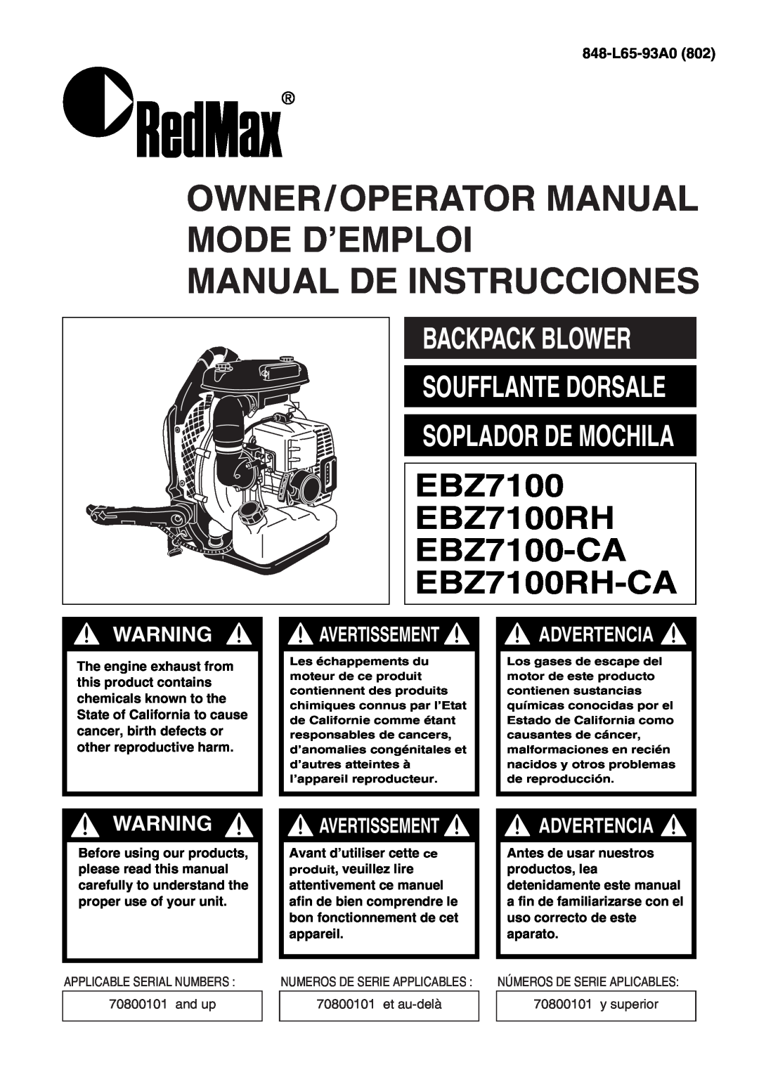 RedMax EBZ7100 manual Backpack Blower, 848-L65-93A0, Owner/Operator Manual Mode D’Emploi Manual De Instrucciones 
