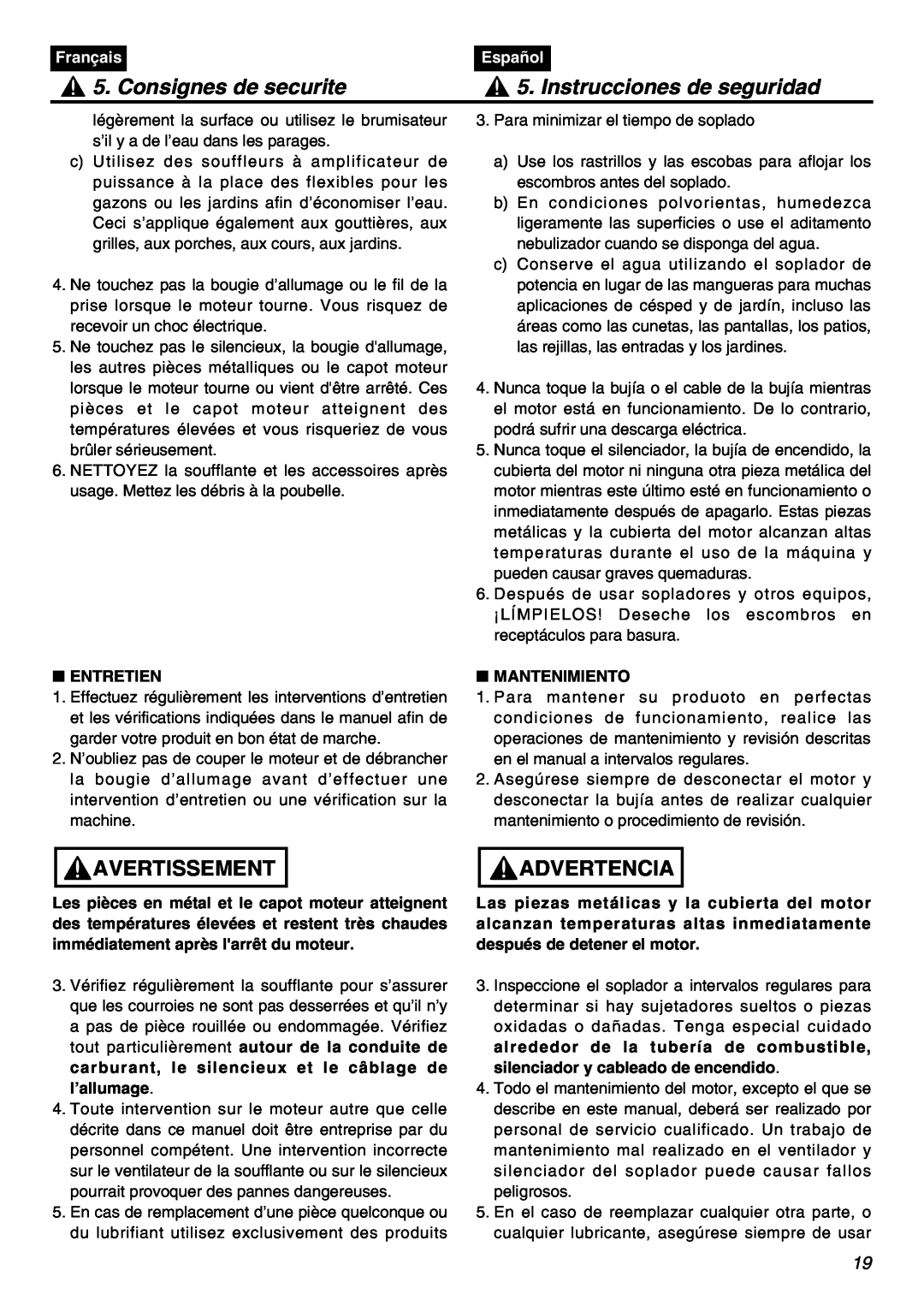 RedMax EBZ7100RH manual Consignes de securite, Instrucciones de seguridad, Avertissement, Advertencia, Français, Español 
