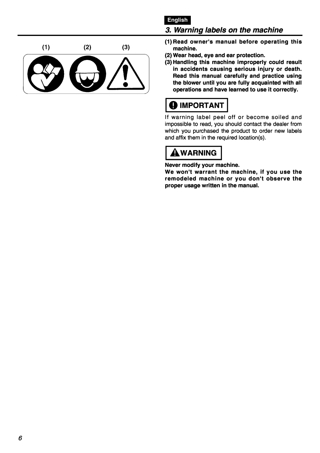 RedMax EBZ7100-CA, EBZ7100RH-CA manual Warning labels on the machine, English 