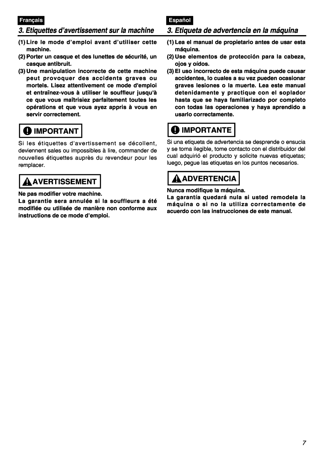 RedMax EBZ7100RH Avertissement, Importante, Advertencia, Etiquettes d’avertissement sur la machine, Français, Español 