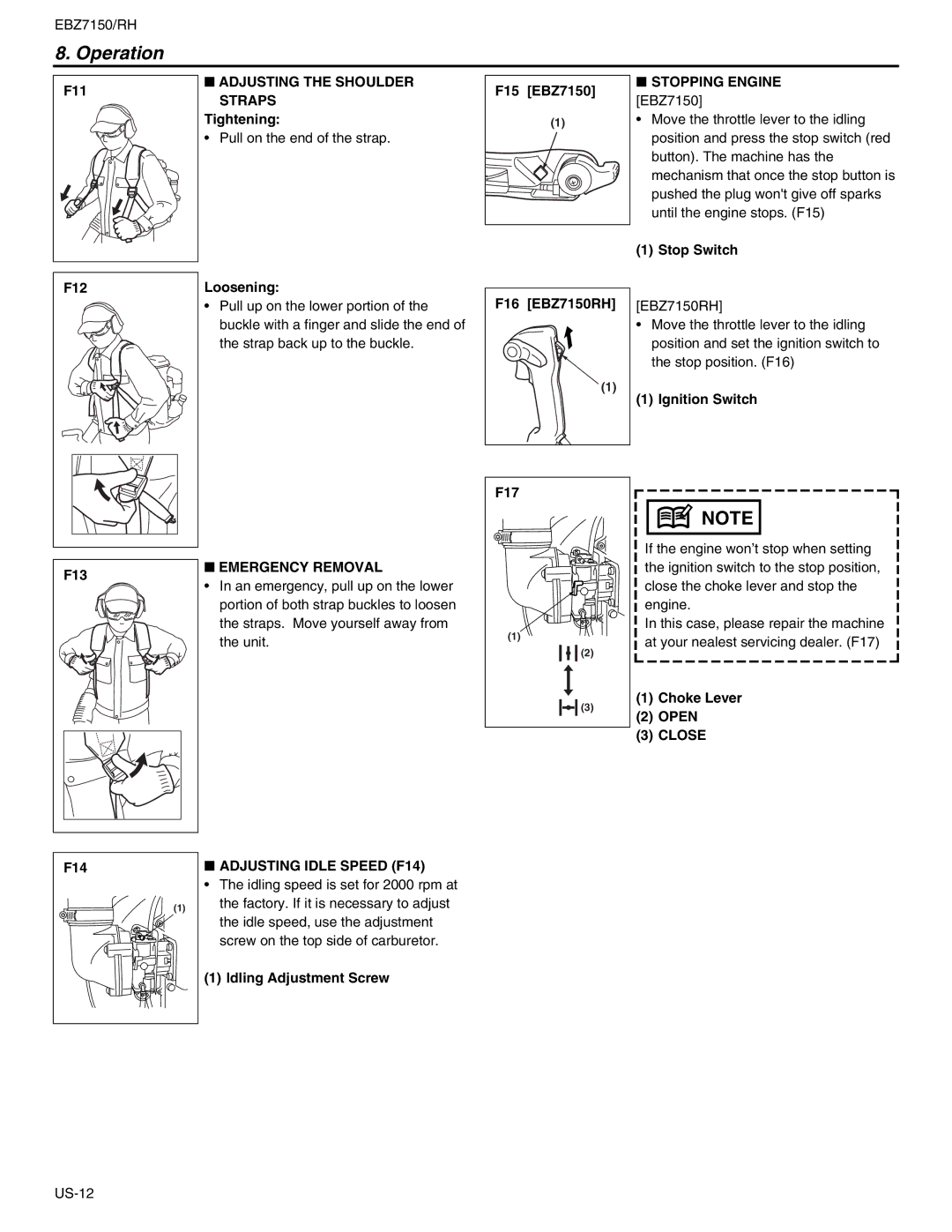 RedMax EBZ7150RH manual Adjusting the Shoulder Straps, Stopping Engine EBZ7150, Emergency Removal, Adjusting Idle Speed F14 