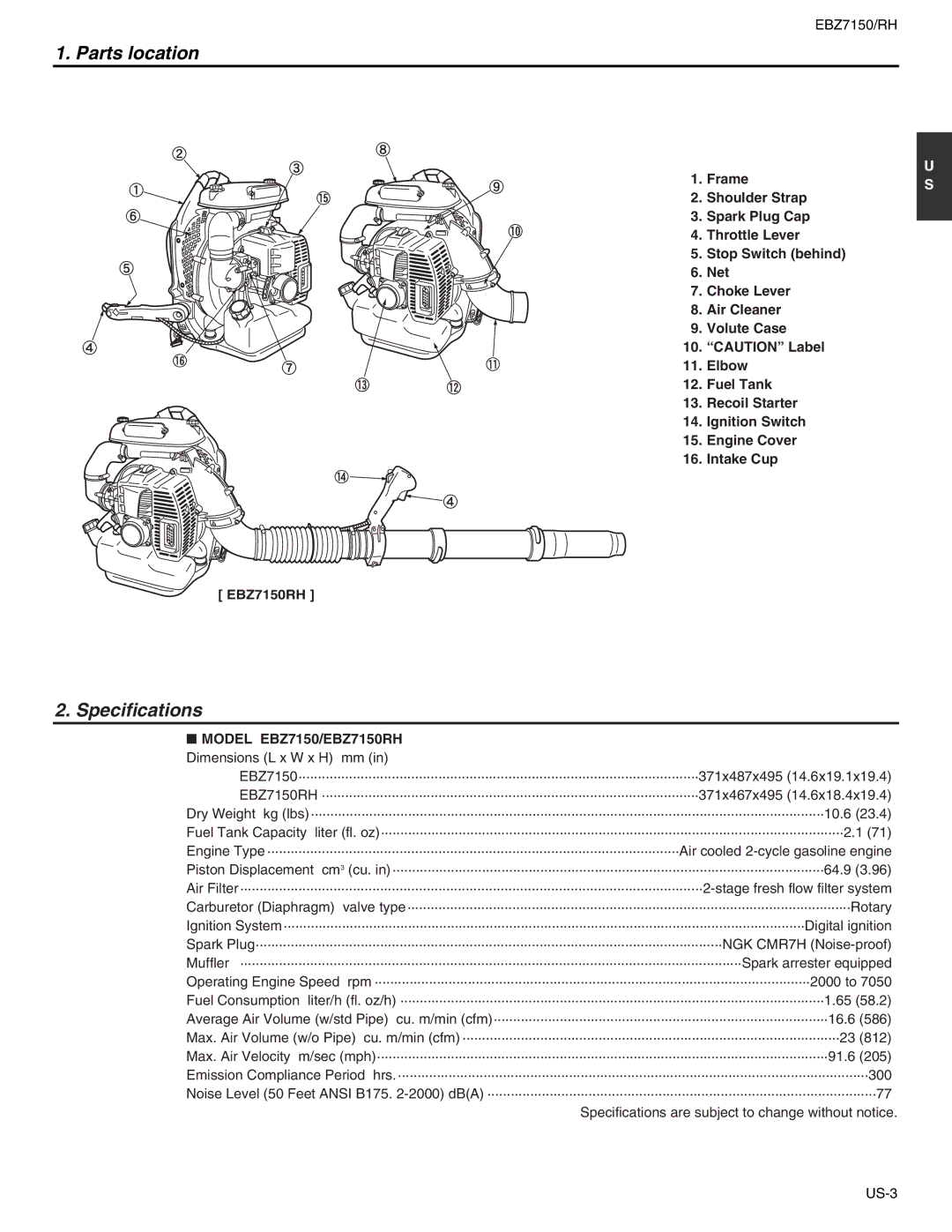 RedMax manual Parts location, Specifications, Model EBZ7150/EBZ7150RH Dimensions L x W x H mm 