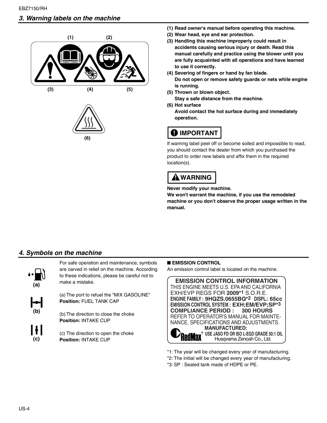 RedMax EBZ7150RH manual Symbols on the machine, Emission Control 