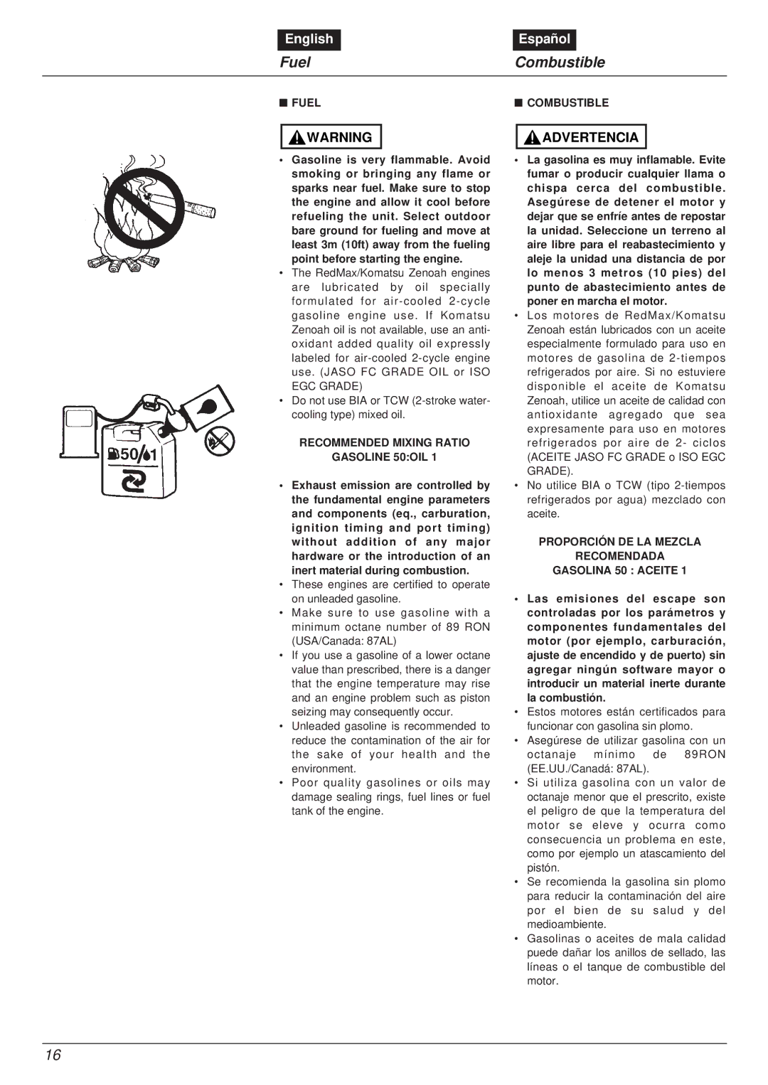 RedMax EBZ8000RH manual Fuel Combustible, Recommended Mixing Ratio Gasoline 50OIL 