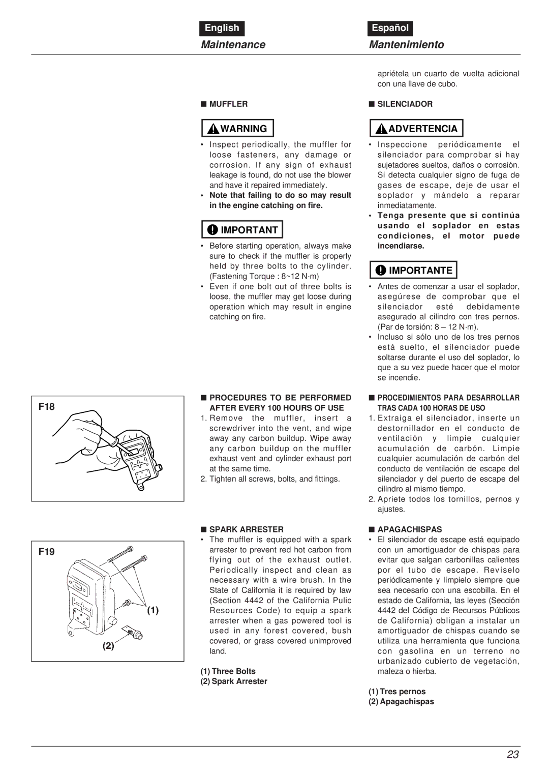 RedMax EBZ8000RH manual F18, F19 