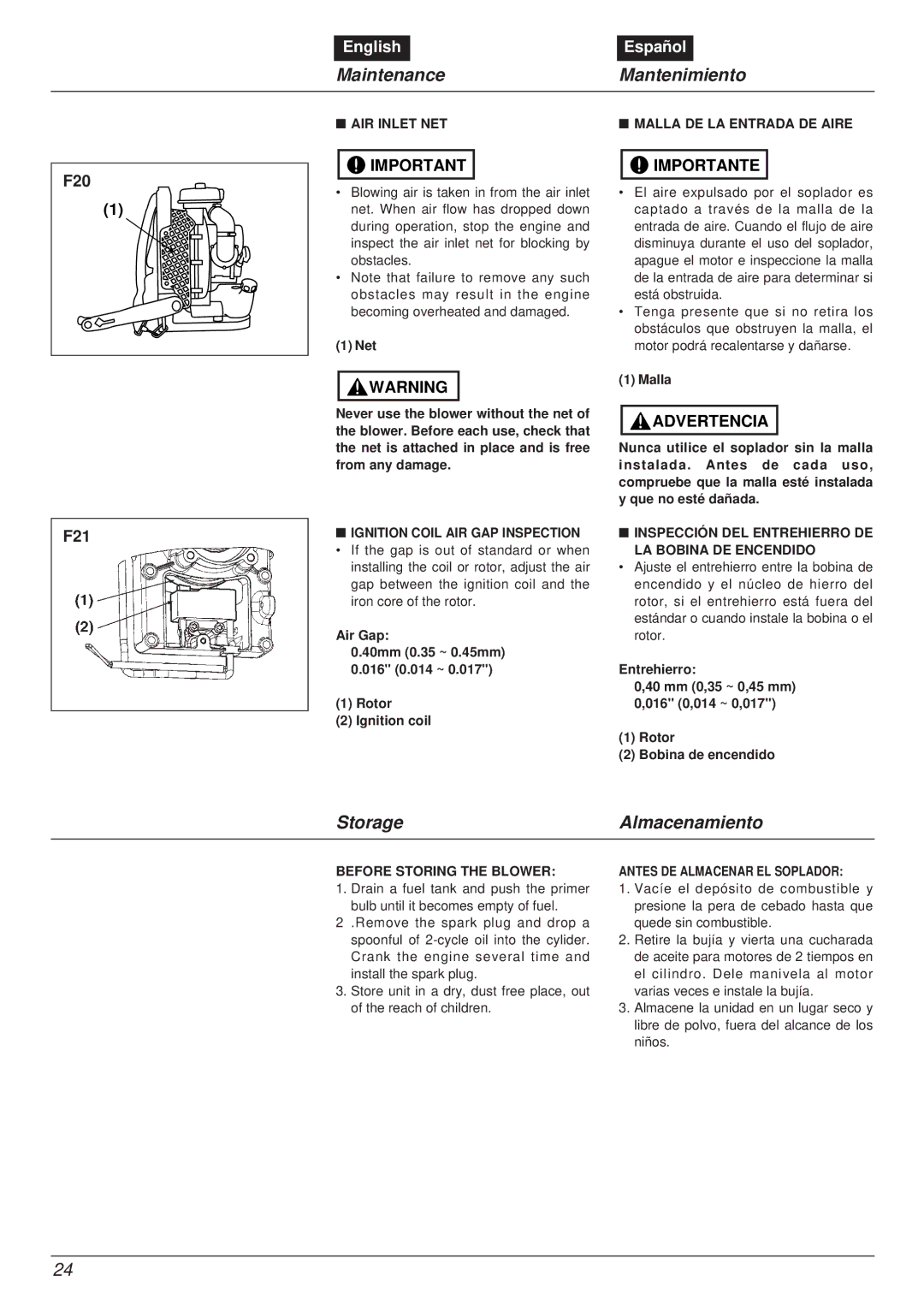 RedMax EBZ8000RH manual F20 F21 