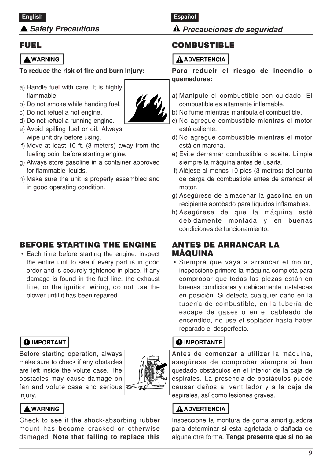 RedMax EBZ8000RH manual Fuel Combustible, Before Starting the Engine, Antes DE Arrancar LA Máquina 