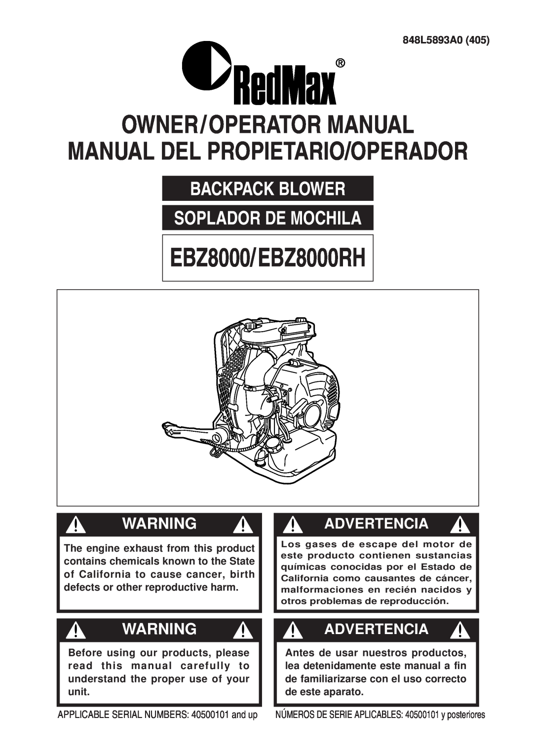 RedMax manual EBZ8000/ EBZ8000RH, Owner / Operator Manual, Backpack Blower Soplador De Mochila, Advertencia 