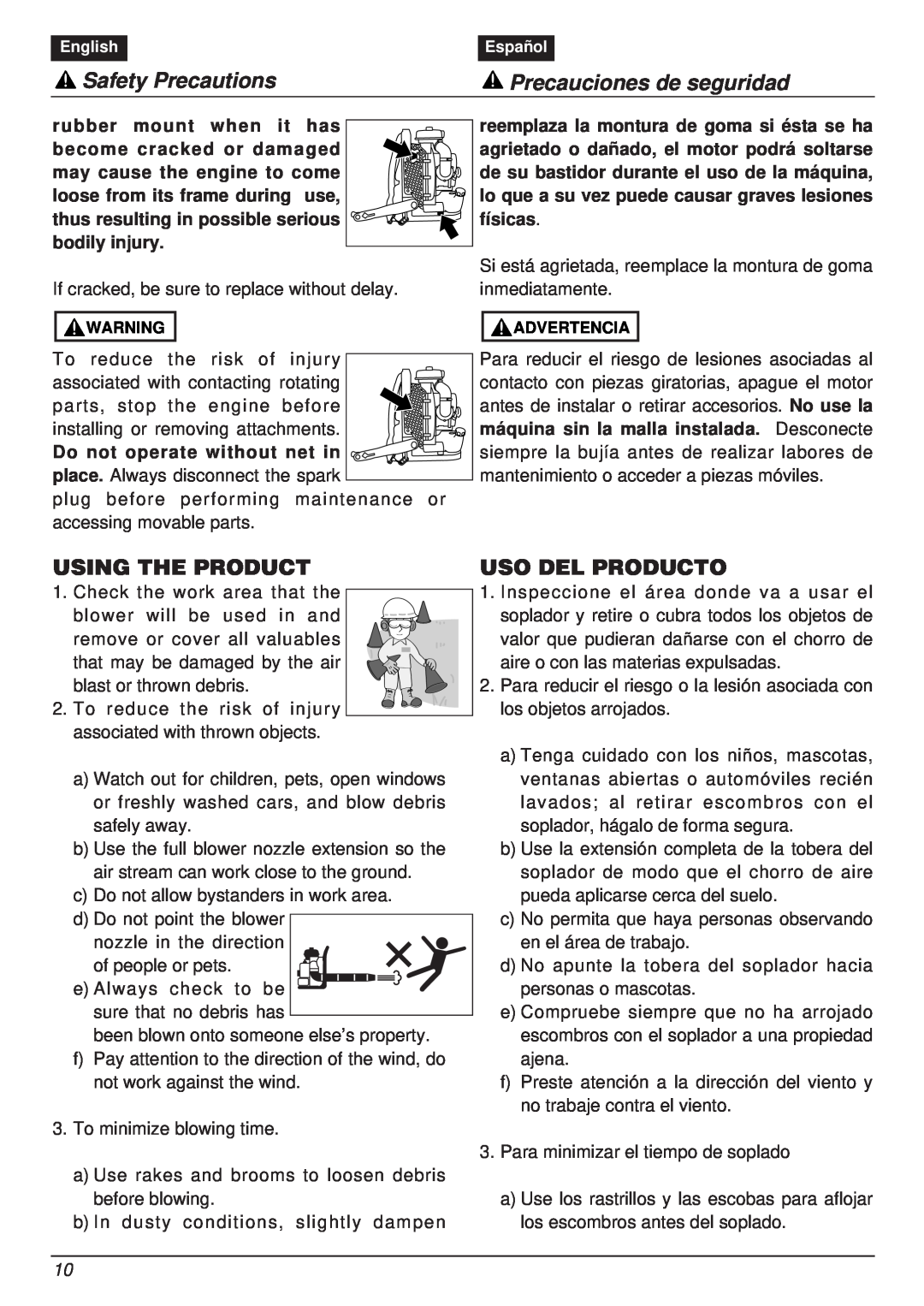 RedMax EBZ8000RH manual Using The Product, Uso Del Producto, Safety Precautions, Precauciones de seguridad 