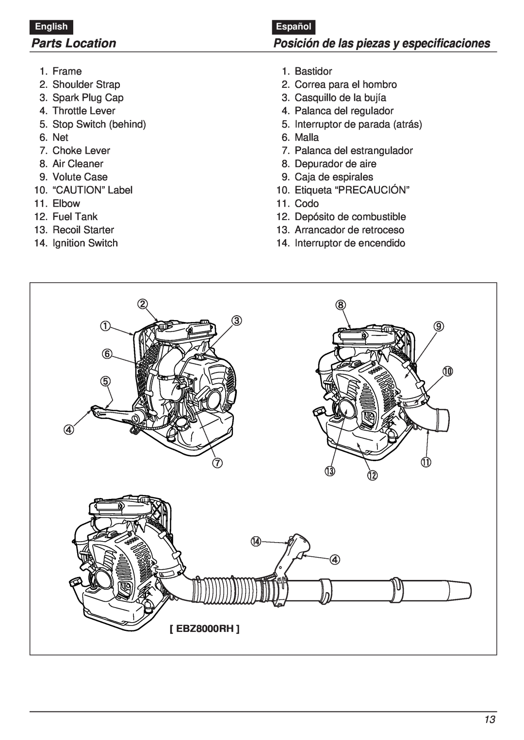 RedMax EBZ8000RH manual Parts Location, Posición de las piezas y especificaciones 
