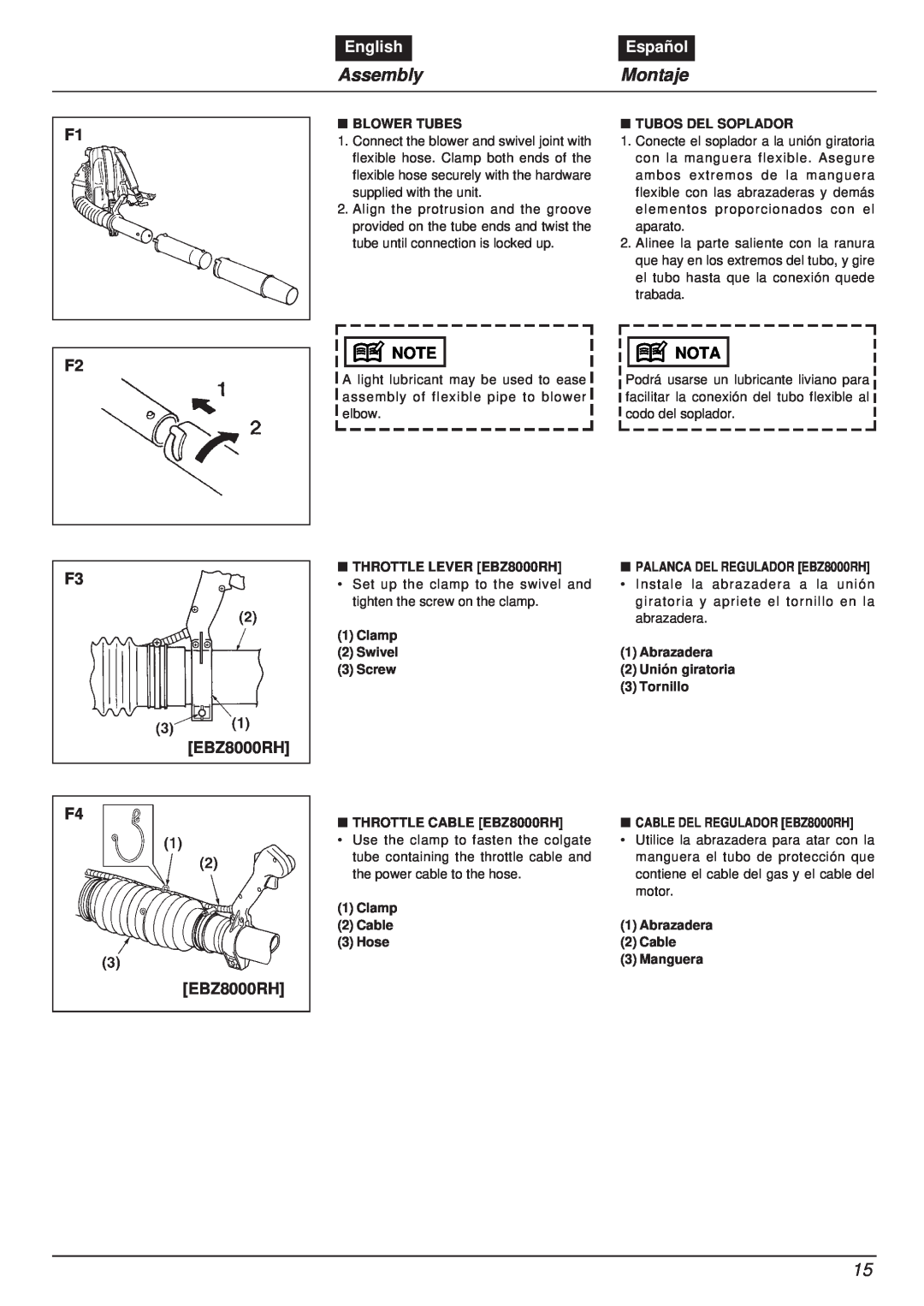 RedMax manual Assembly, Montaje, English, Español, F2 F3, Nota, F4 EBZ8000RH 