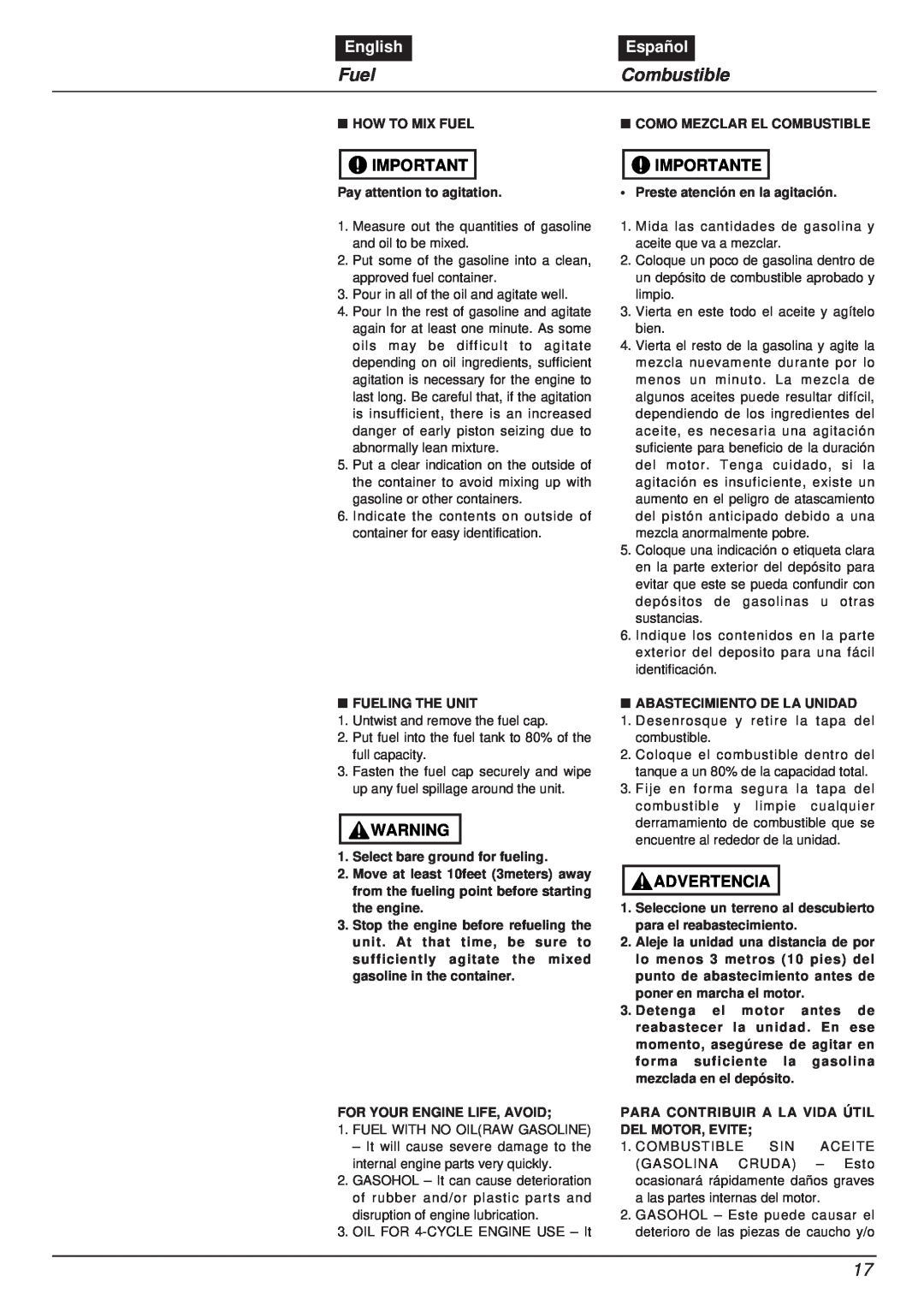 RedMax EBZ8000RH manual Fuel, Combustible, English, Español, Importante, Advertencia 