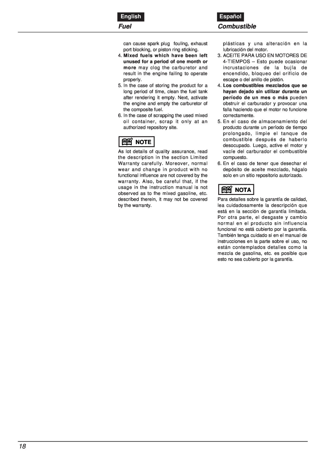 RedMax EBZ8000RH manual Fuel, Combustible, English, Español, Nota 