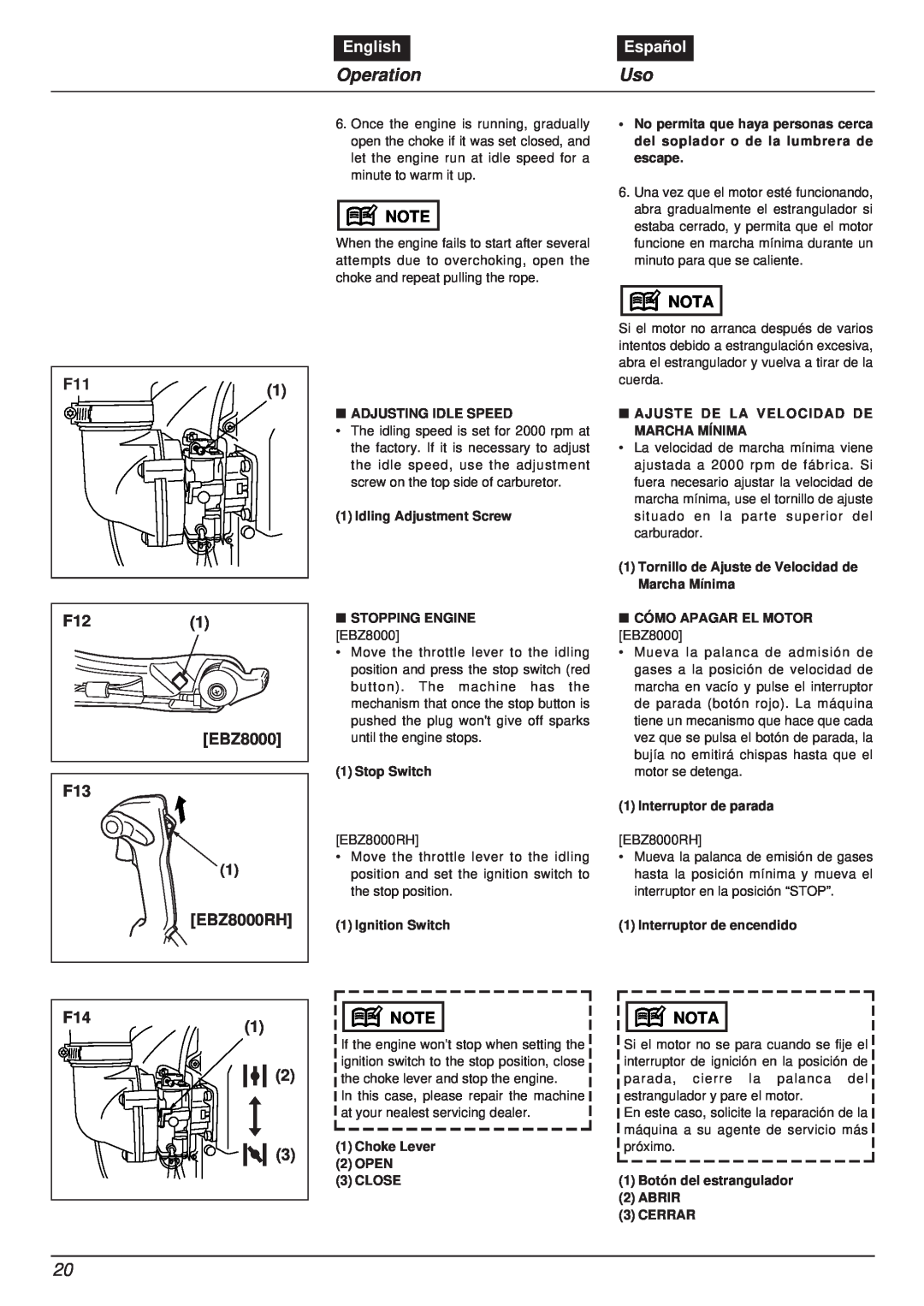 RedMax EBZ8000RH manual Operation, English, Español, Nota 