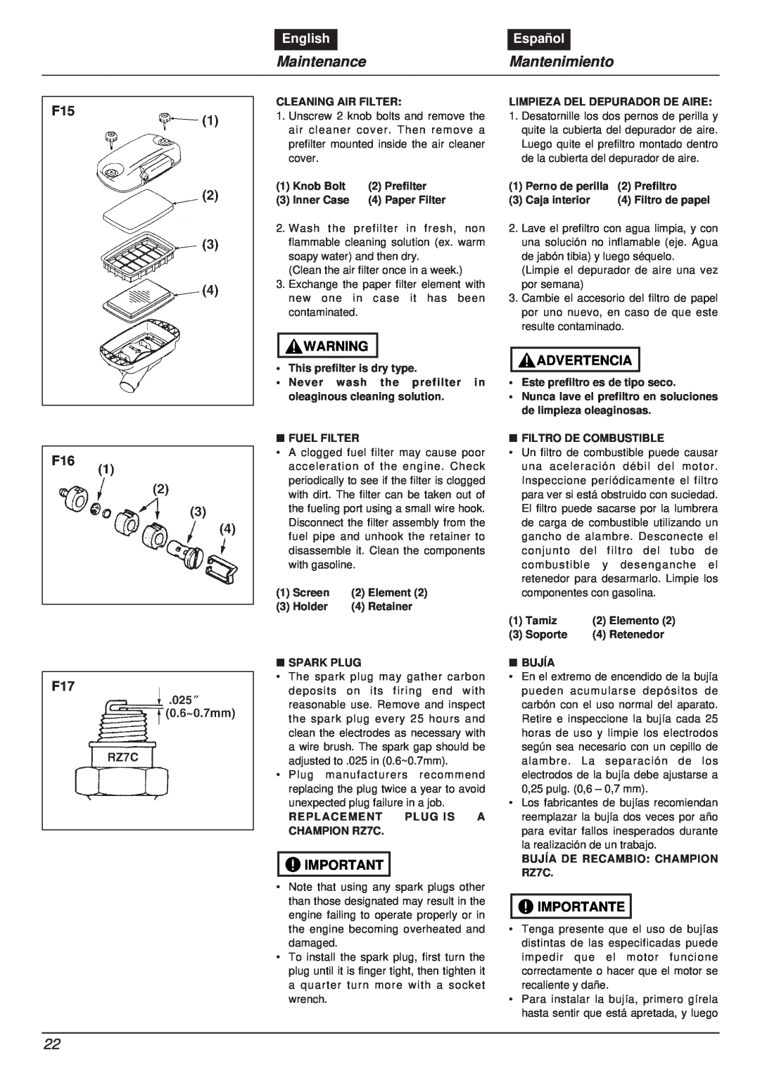RedMax EBZ8000RH manual MaintenanceMantenimiento, English, Español, F16 F17, Advertencia, Importante 