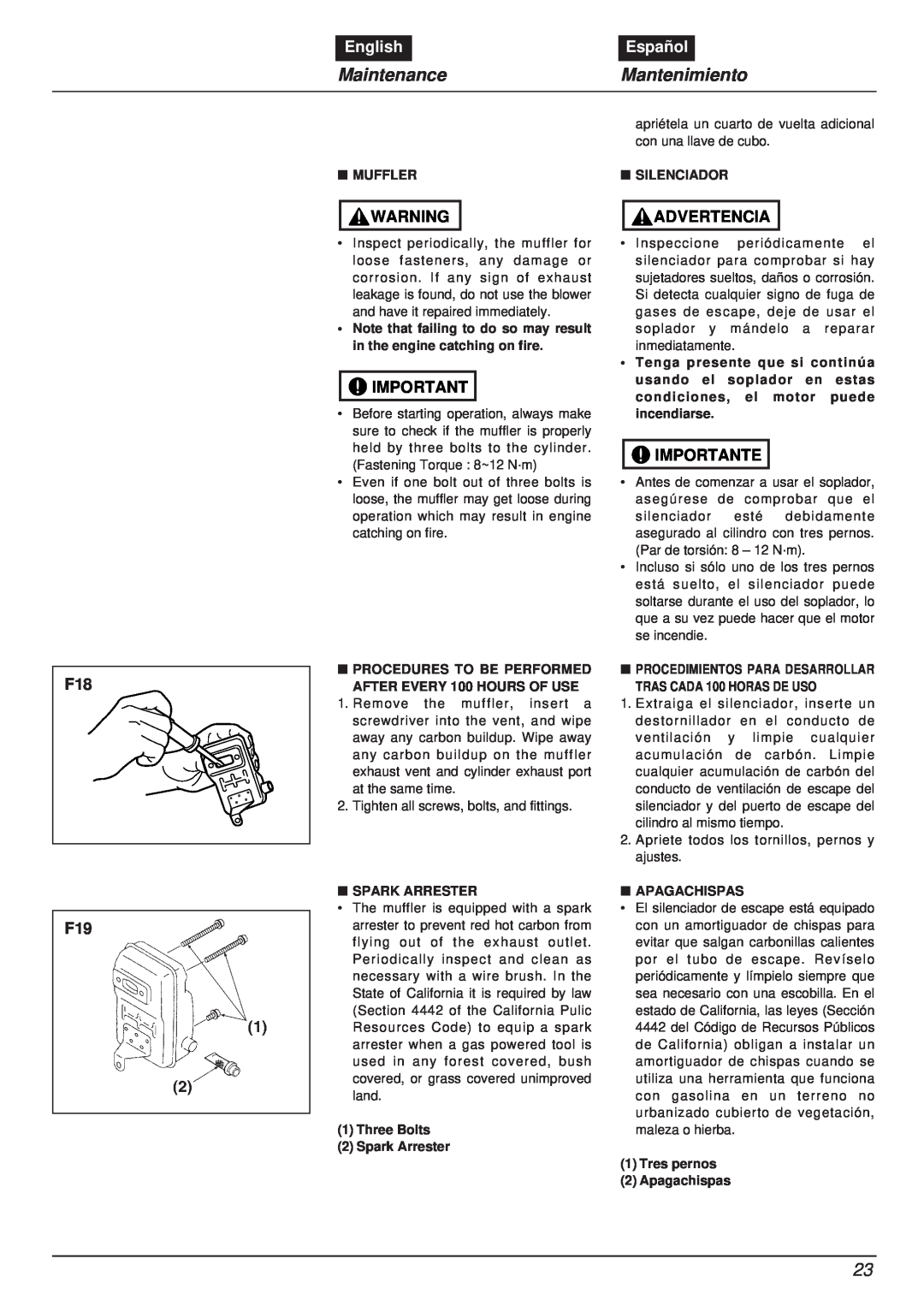 RedMax EBZ8000RH manual MaintenanceMantenimiento, English, Español, Advertencia, Importante 
