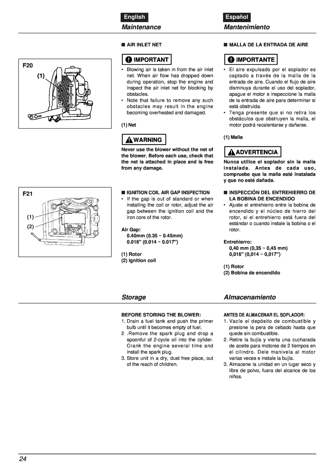 RedMax EBZ8000RH manual Maintenance, Mantenimiento, Storage, Almacenamiento, English, Español, Importante, Advertencia 