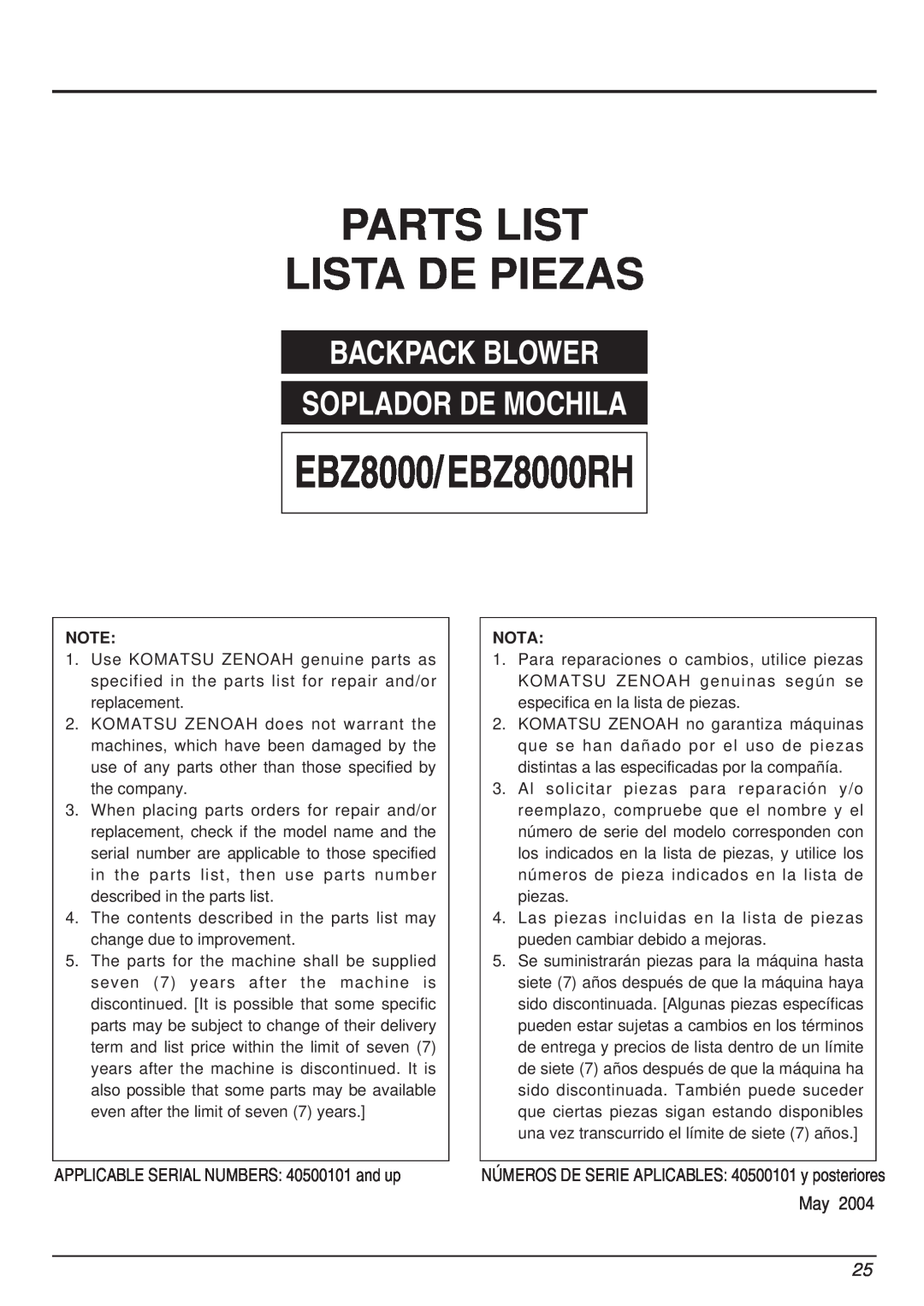 RedMax manual Parts List Lista De Piezas, EBZ8000/ EBZ8000RH, Backpack Blower Soplador De Mochila, Nota 
