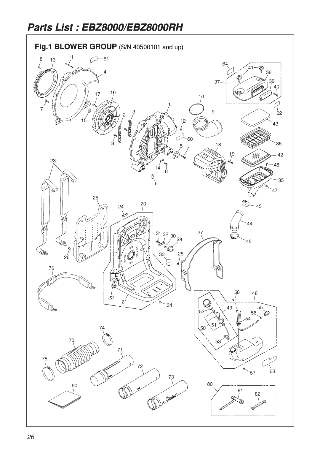 RedMax manual Parts List EBZ8000/EBZ8000RH, BLOWER GROUP S/N 40500101 and up 
