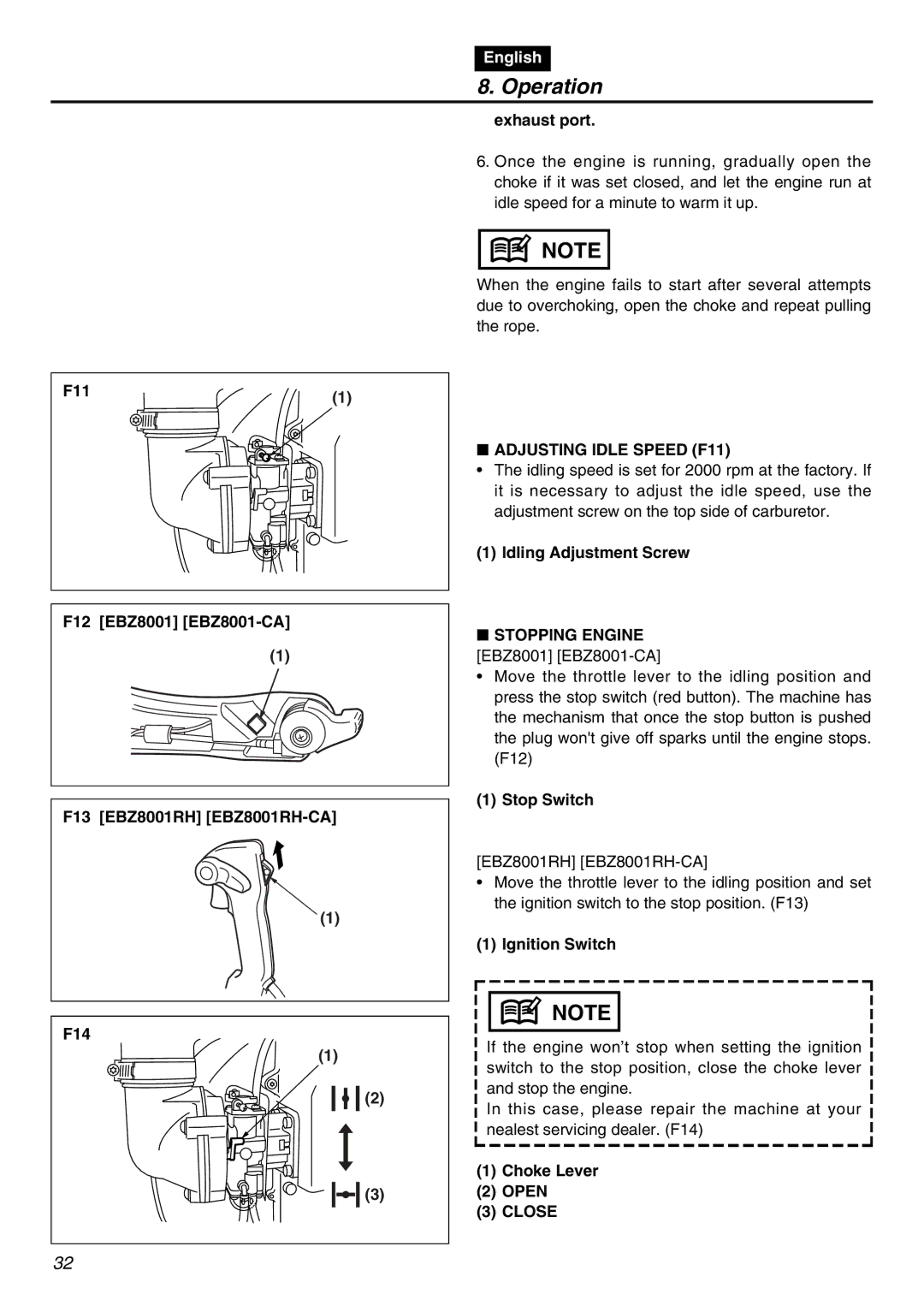 RedMax EBZ8001-CA manual Adjusting Idle Speed F11, Idling Adjustment Screw, Stopping Engine, Stop Switch, Choke Lever Open 