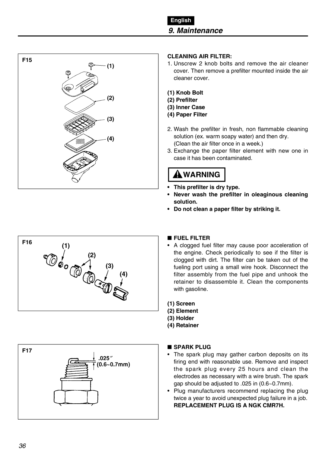 RedMax EBZ8001-CA, EBZ8001RH-CA manual Cleaning AIR Filter, Fuel Filter, Spark Plug, Replacement Plug is a NGK CMR7H 