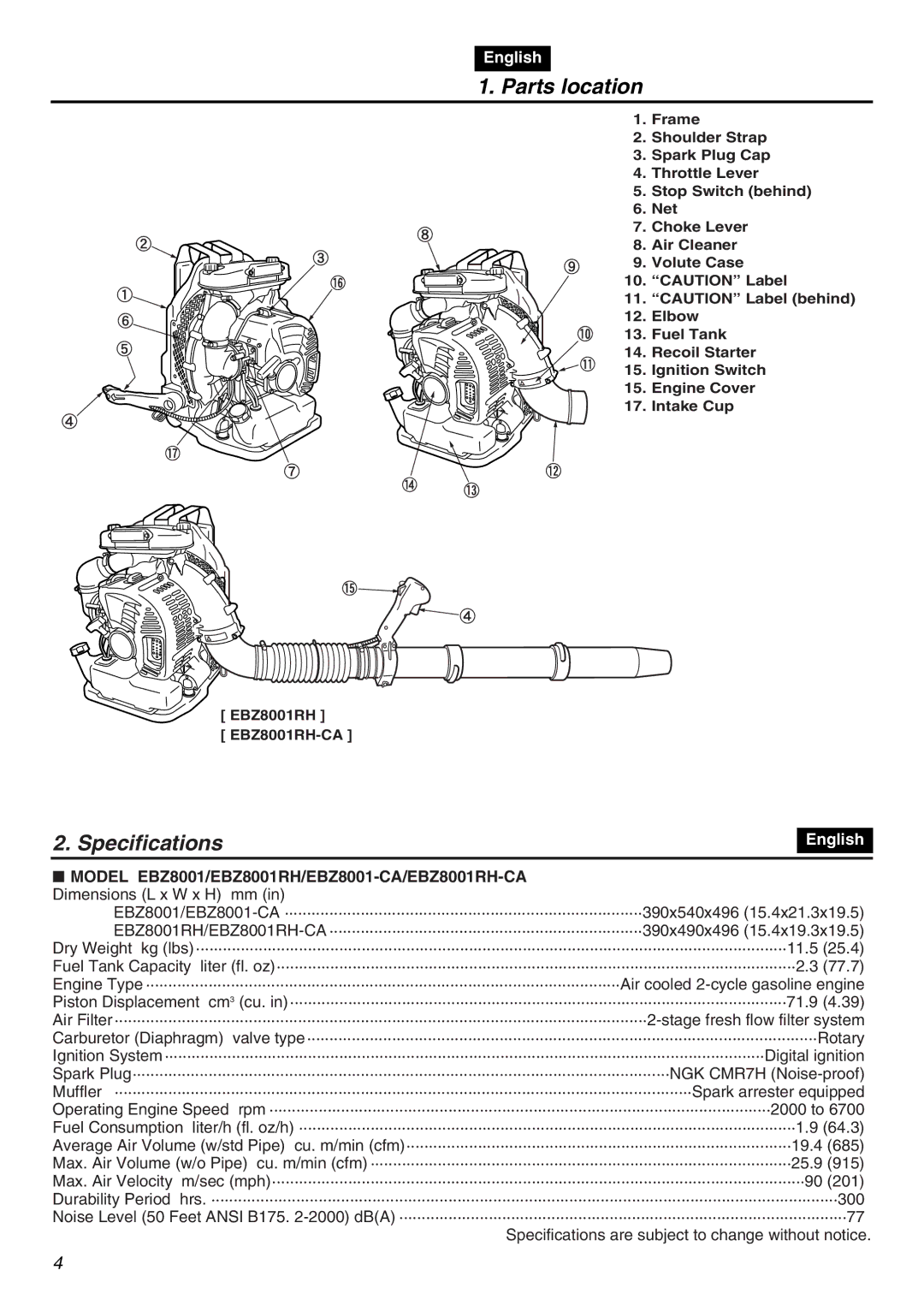 RedMax EBZ8001-CA, EBZ8001RH-CA manual Parts location, Specifications 