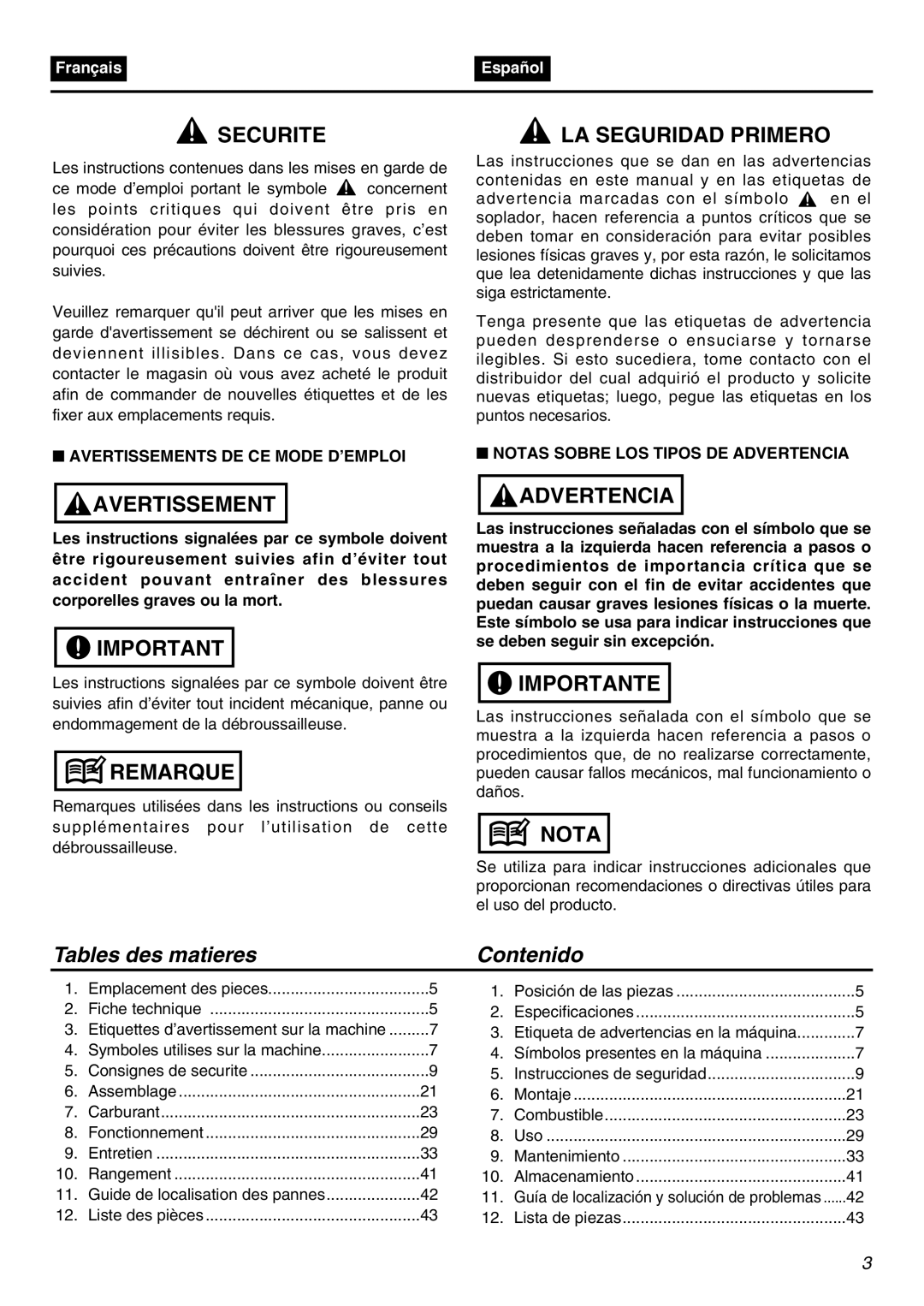 RedMax EBZ8001 Tables des matieres Contenido, Avertissements DE CE Mode D’EMPLOI, Notas Sobre LOS Tipos DE Advertencia 