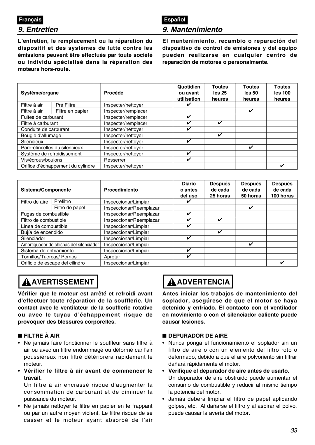 RedMax EBZ8001RH manual Filtre À AIR, Vérifier le filtre à air avant de commencer le travail, Depurador DE Aire 