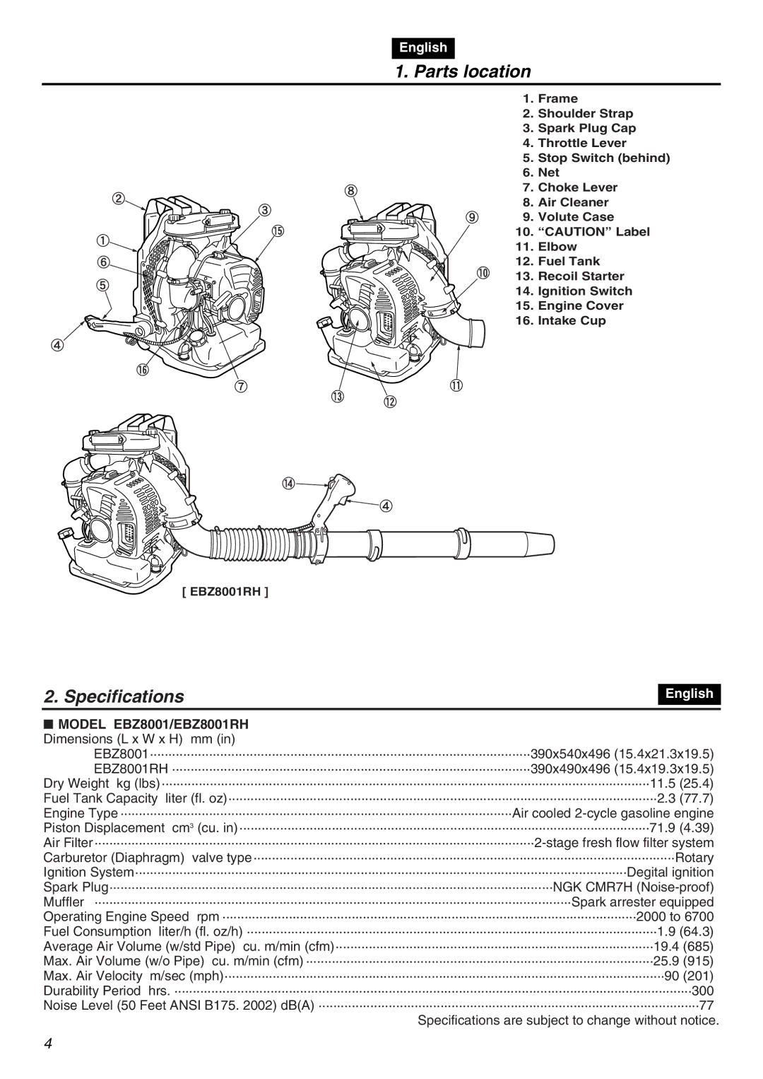 RedMax manual Parts location, Specifications, Model EBZ8001/EBZ8001RH Dimensions L x W x H mm 