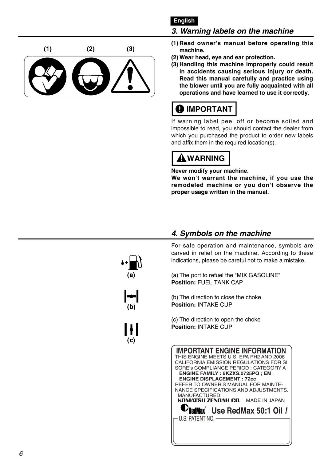 RedMax EBZ8001RH manual Symbols on the machine, Important Engine Information 