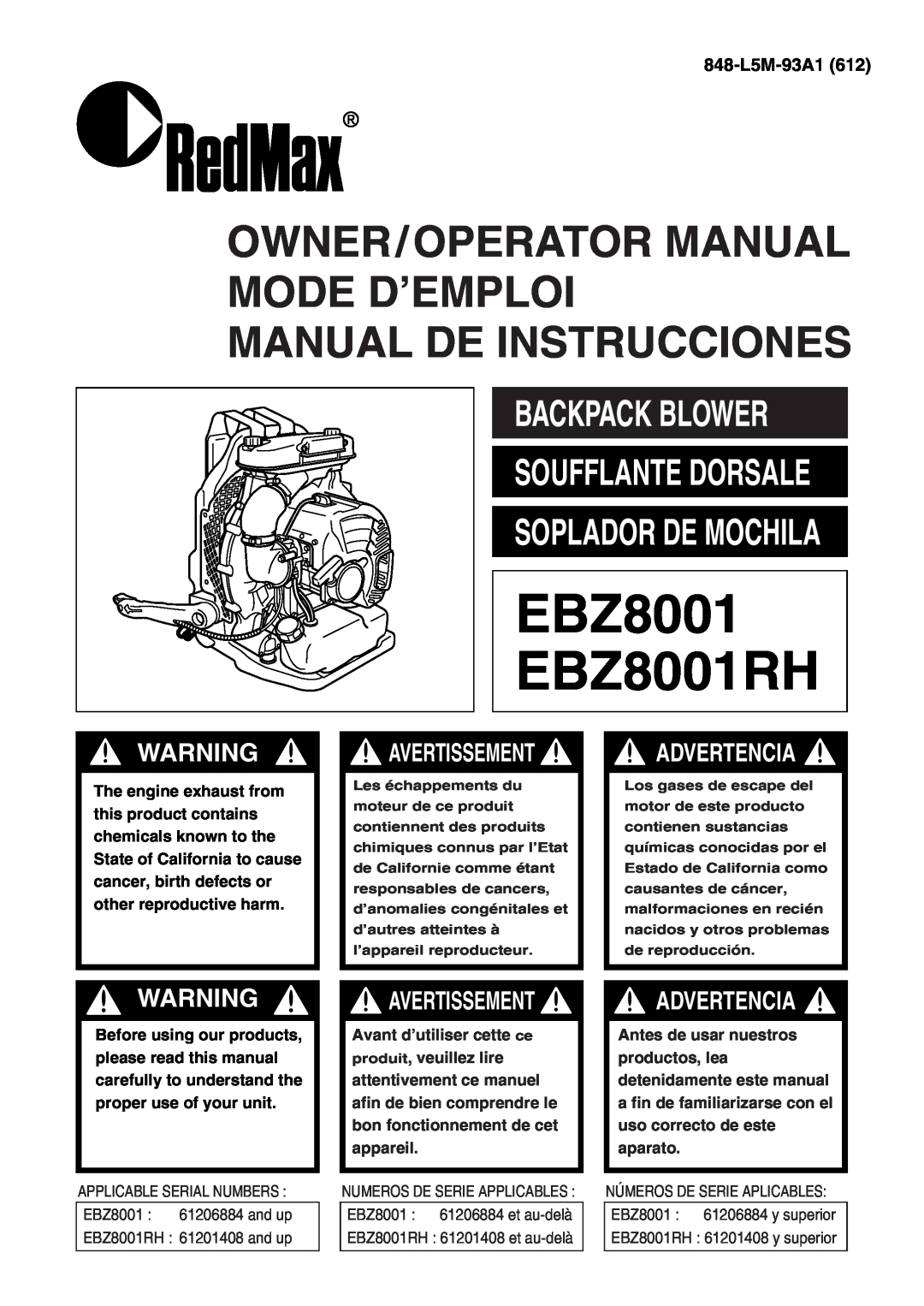 RedMax manual Backpack Blower, 848-L5M-93A1, EBZ8001 EBZ8001RH, Soufflante Dorsale Soplador De Mochila, Advertencia 