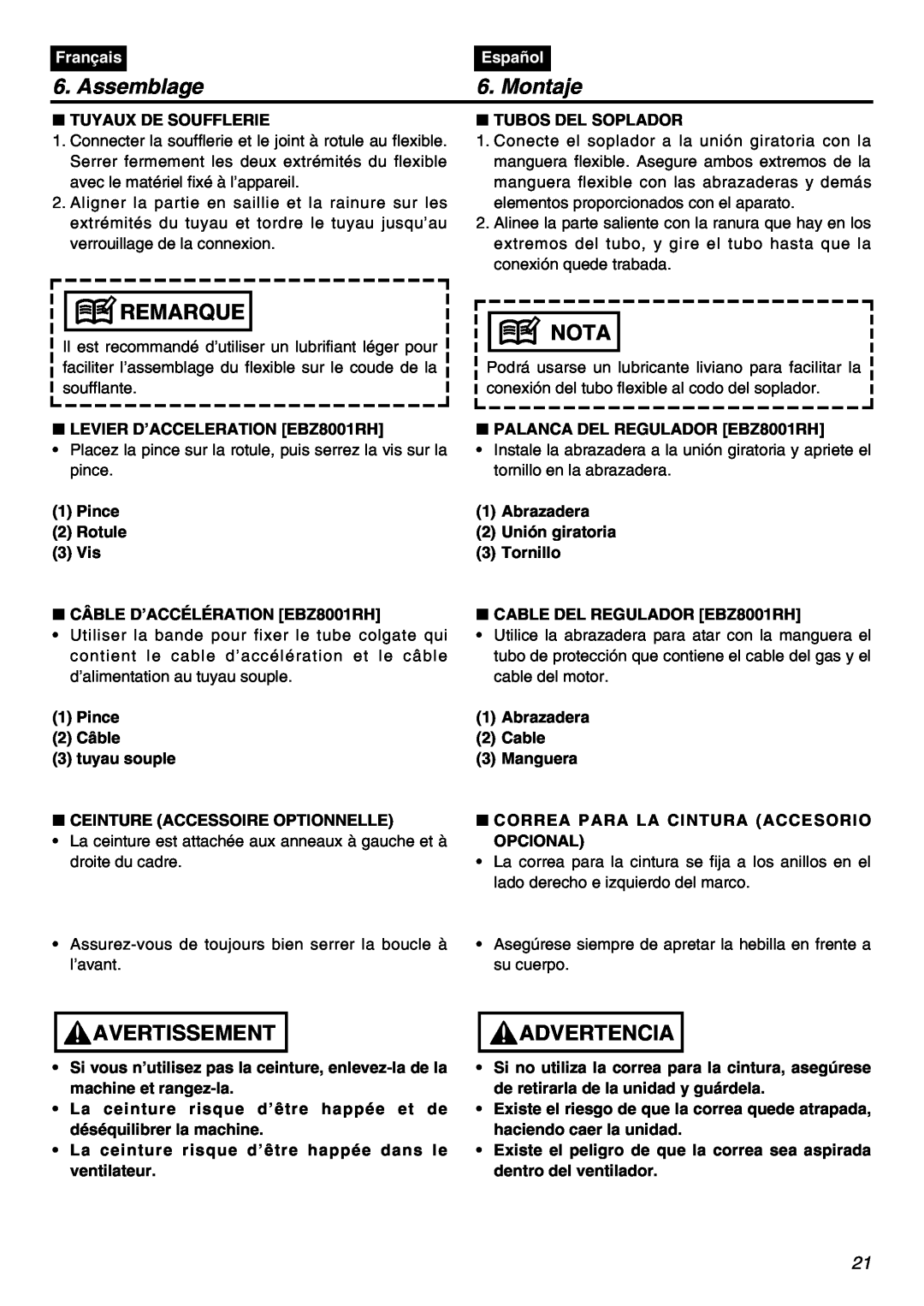 RedMax EBZ8001 Assemblage, Montaje, Tuyaux De Soufflerie, Tubos Del Soplador, Remarque, Nota, Avertissement, Advertencia 