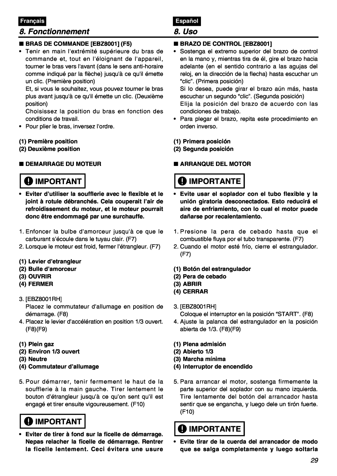 RedMax manual Fonctionnement, Uso, BRAS DE COMMANDE EBZ8001 F5, BRAZO DE CONTROL EBZ8001, Importante, Français, Español 