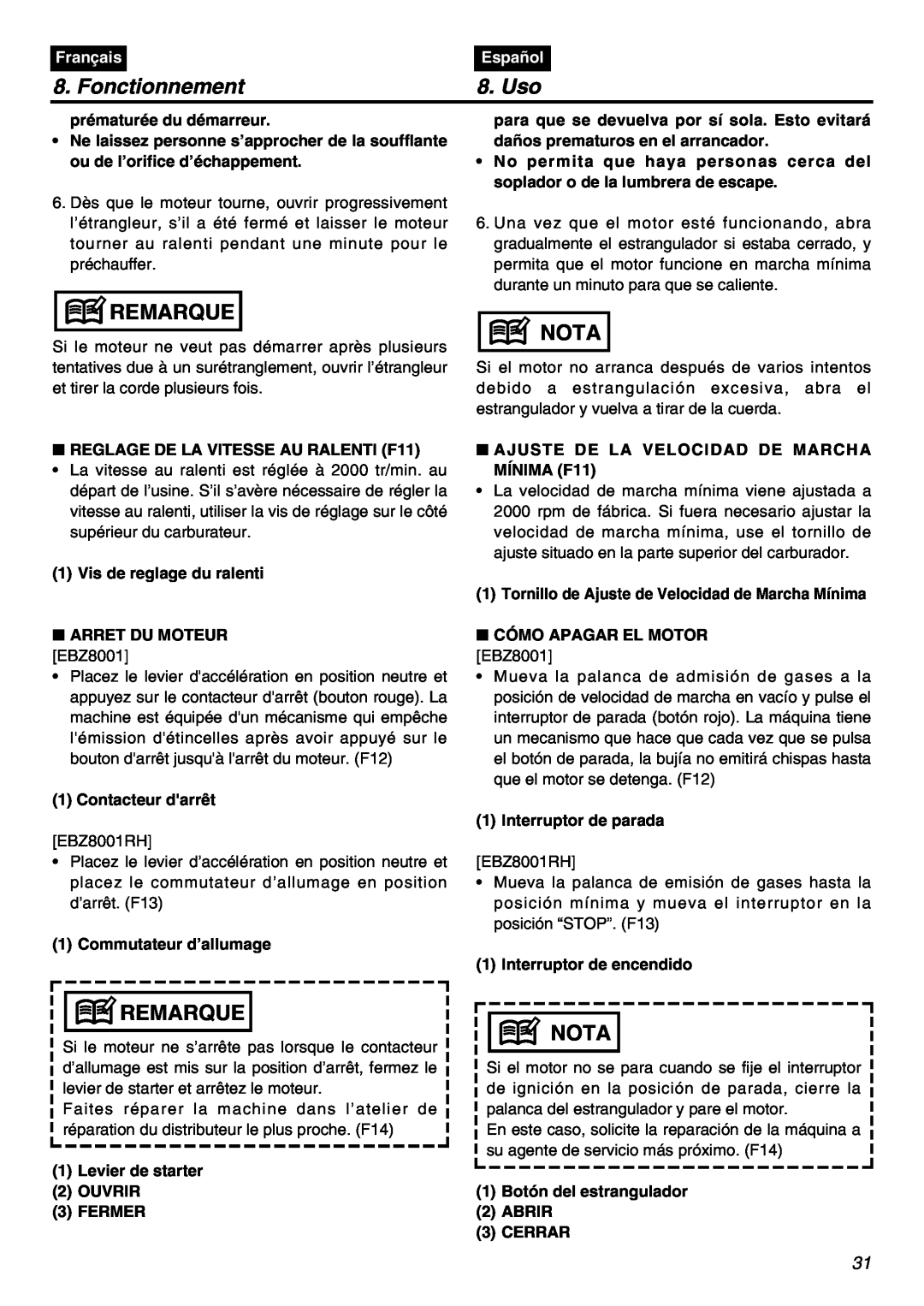 RedMax EBZ8001RH manual Fonctionnement, Uso, Remarque, Nota, Français, Español 