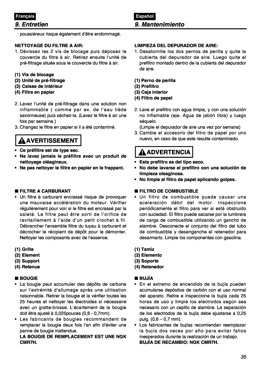 RedMax EBZ8001RH manual Entretien, Mantenimiento, Avertissement, Advertencia, Français, Español 
