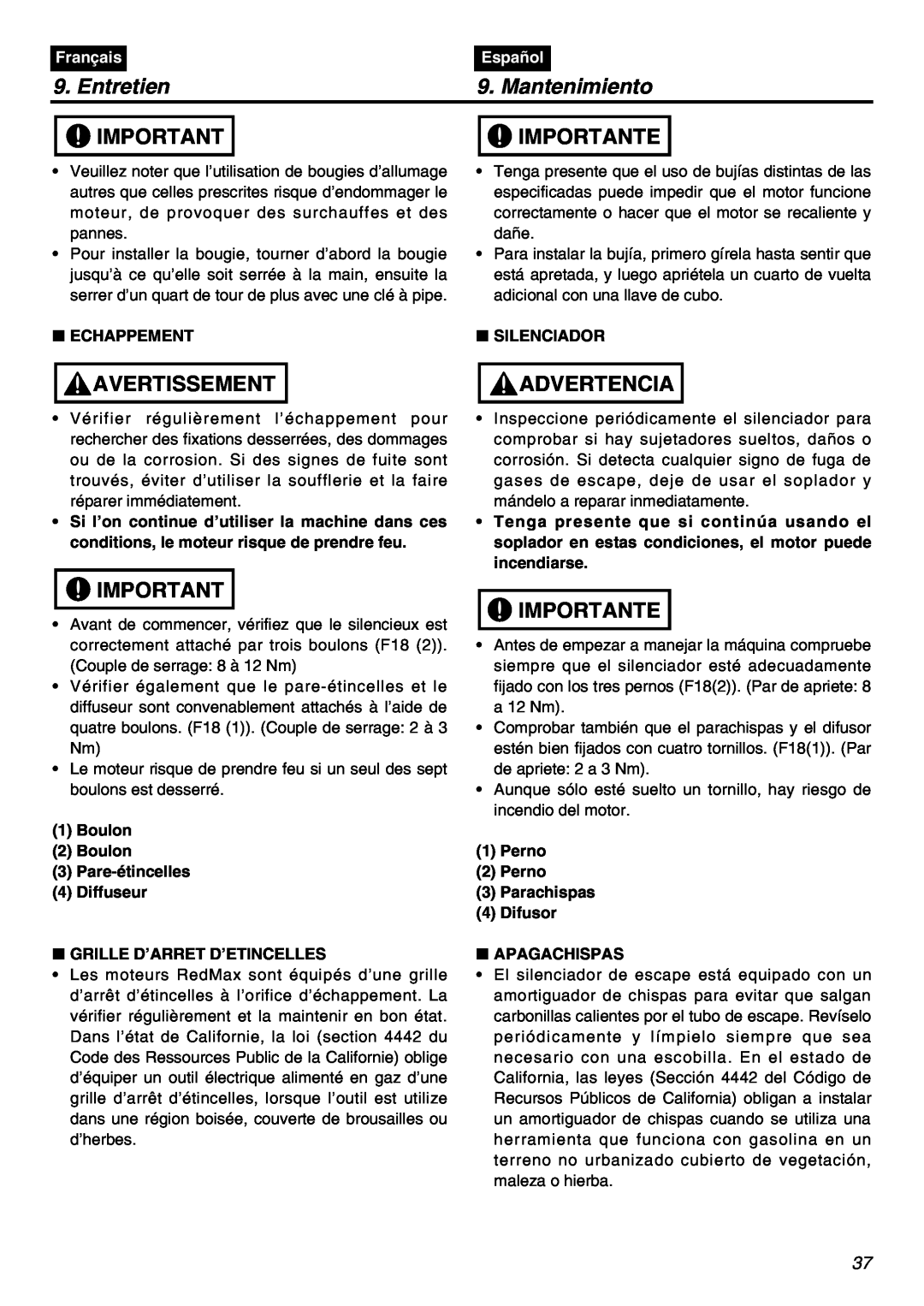RedMax EBZ8001RH manual Entretien, Mantenimiento, Importante, Avertissement, Advertencia, Français, Español 