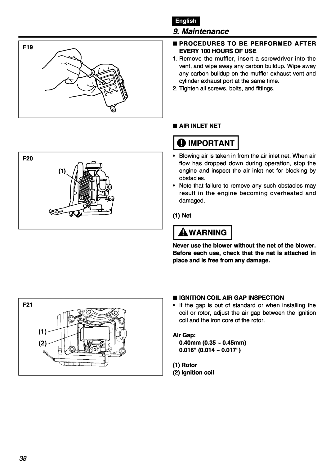 RedMax EBZ8001RH manual Maintenance, F19 F20, English 