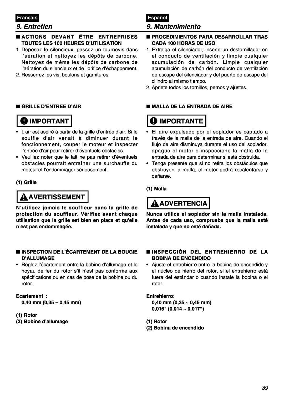 RedMax EBZ8001RH manual Entretien, Mantenimiento, Importante, Avertissement, Advertencia, Français, Español 
