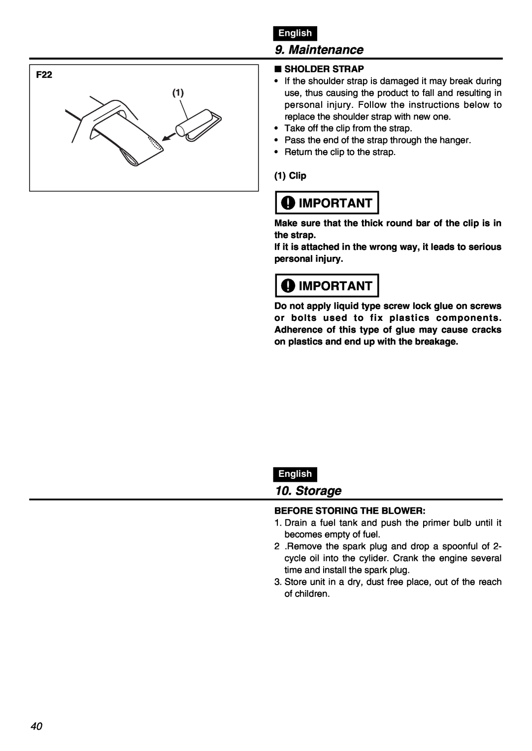 RedMax EBZ8001RH manual Storage, Maintenance, English, Sholder Strap 