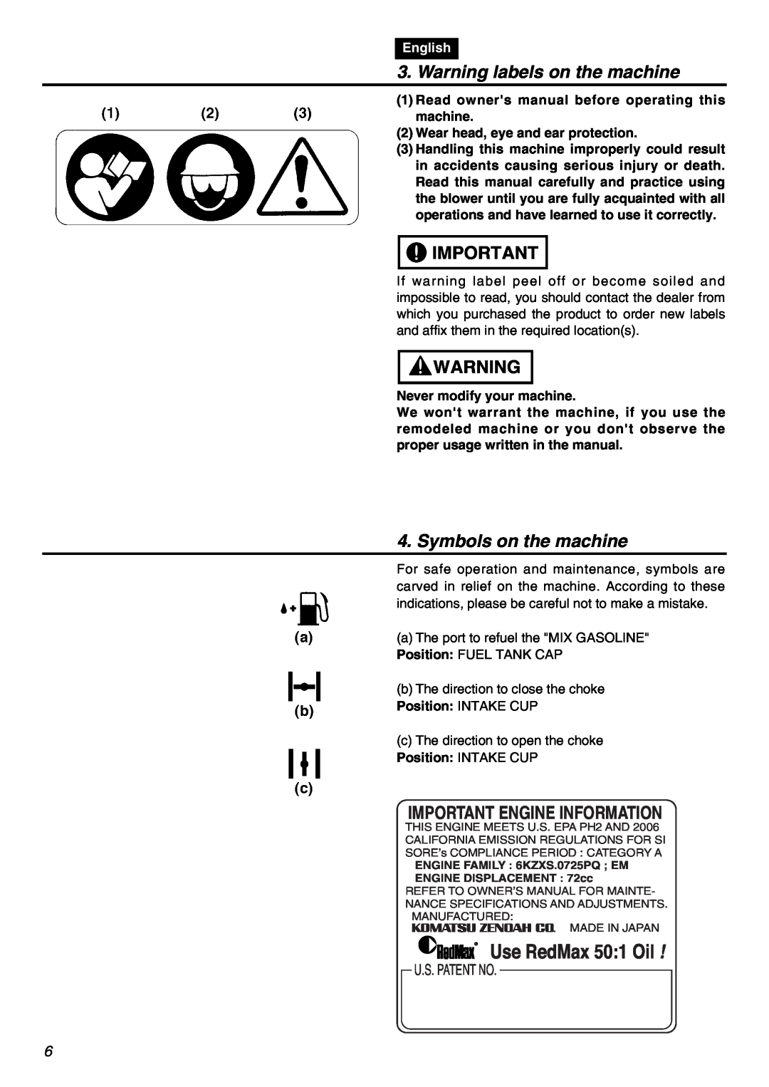 RedMax EBZ8001RH manual Warning labels on the machine, Symbols on the machine, Important Engine Information, U.S. Patent No 