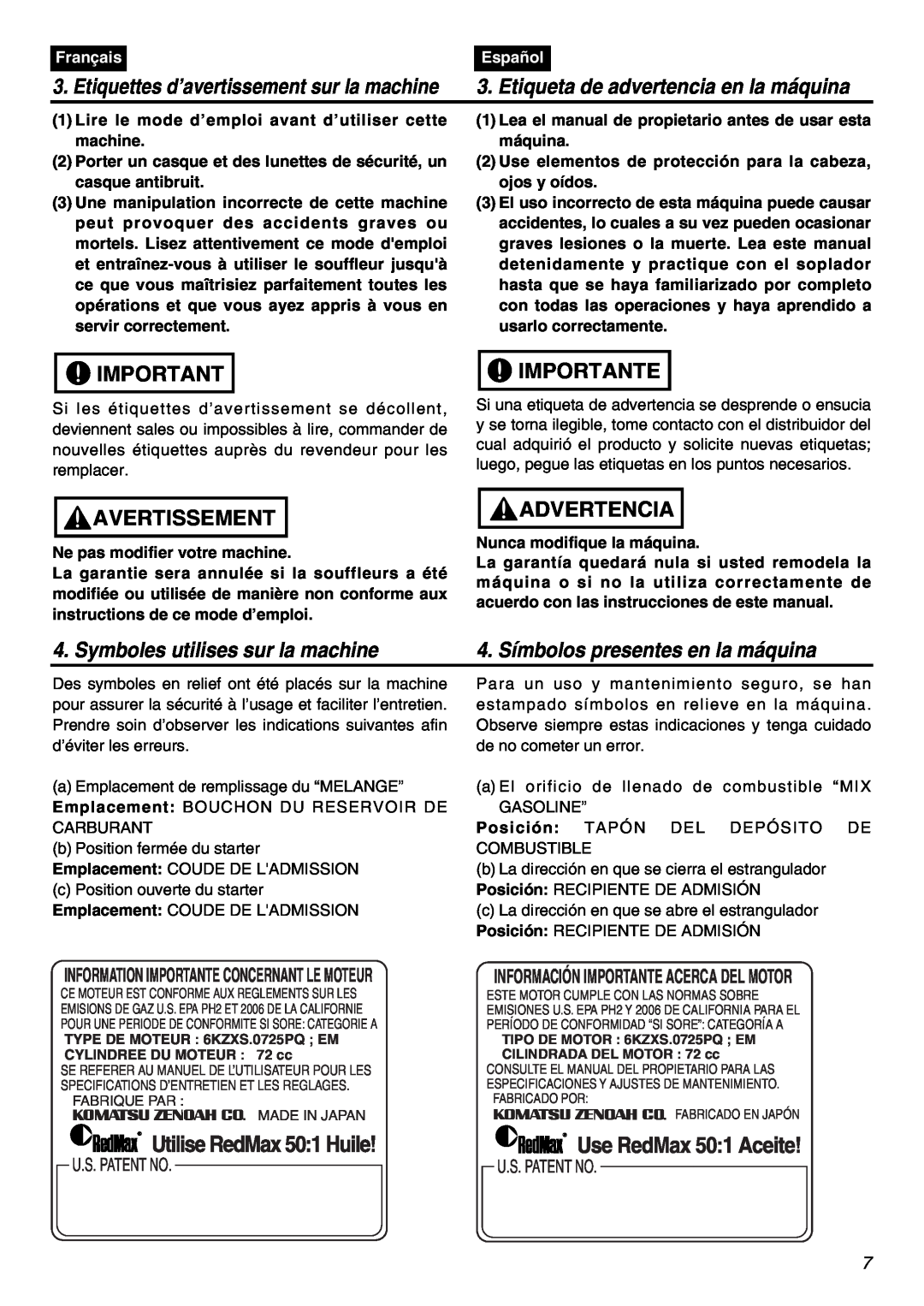 RedMax EBZ8001 Symboles utilises sur la machine, 4. Símbolos presentes en la máquina, Avertissement, Importante, Français 
