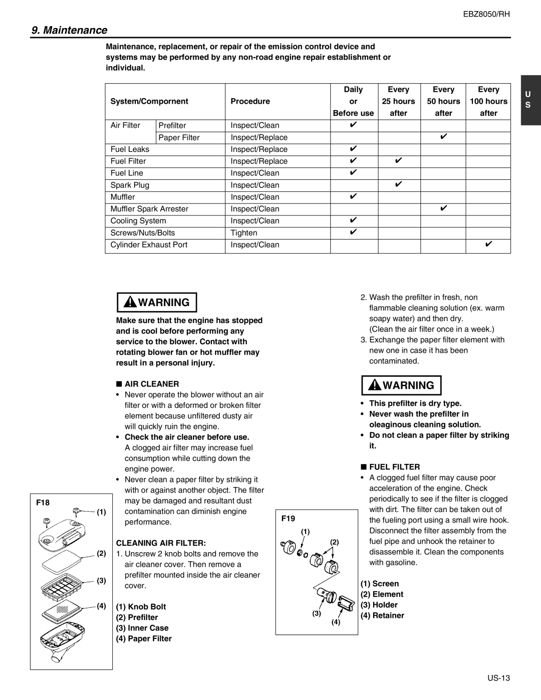 RedMax EBZ8050RH manual Maintenance, AIR Cleaner, Cleaning AIR Filter, Fuel Filter 