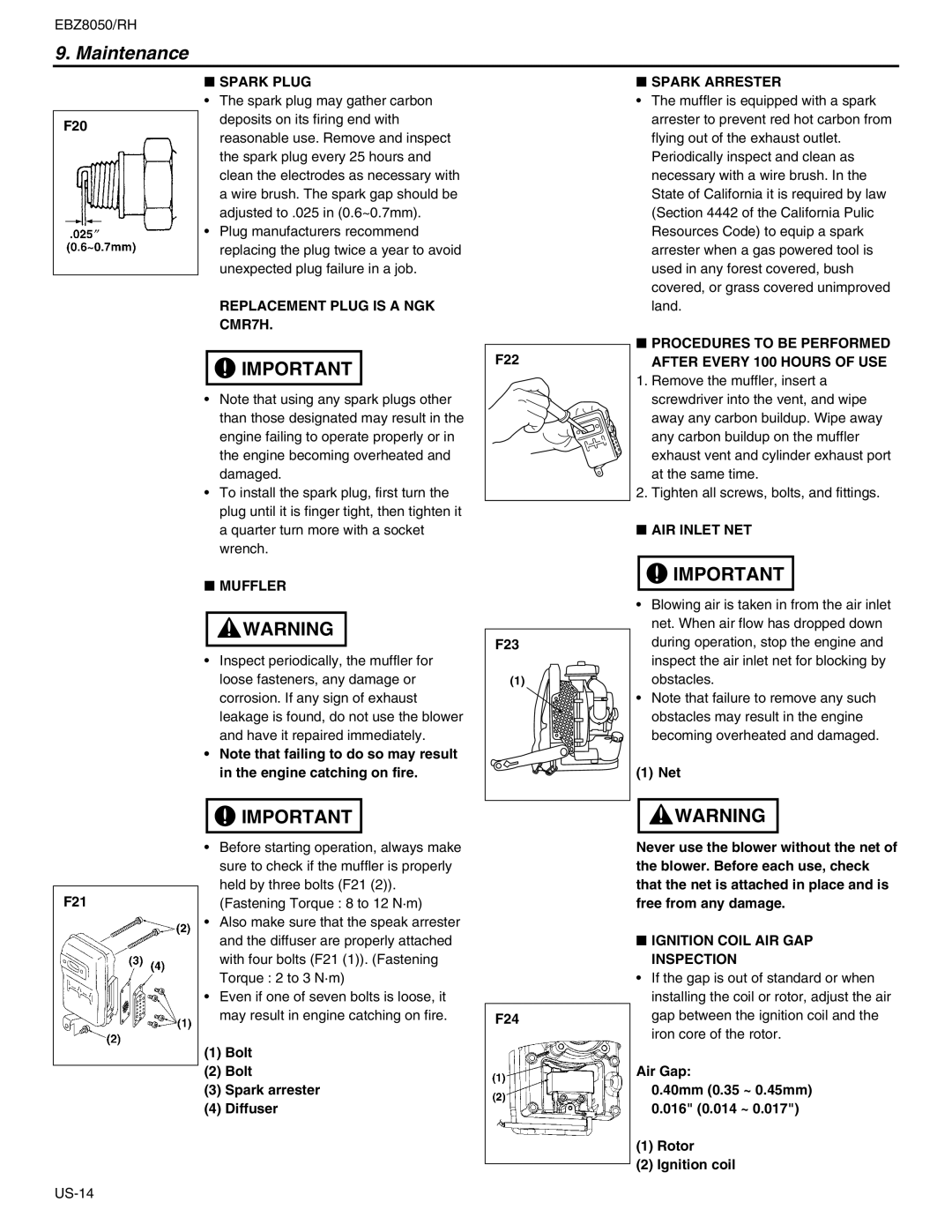 RedMax EBZ8050 Spark Plug, Replacement Plug is a NGK CMR7H, Muffler, Spark Arrester, AIR Inlet NET, Ignition Coil AIR GAP 