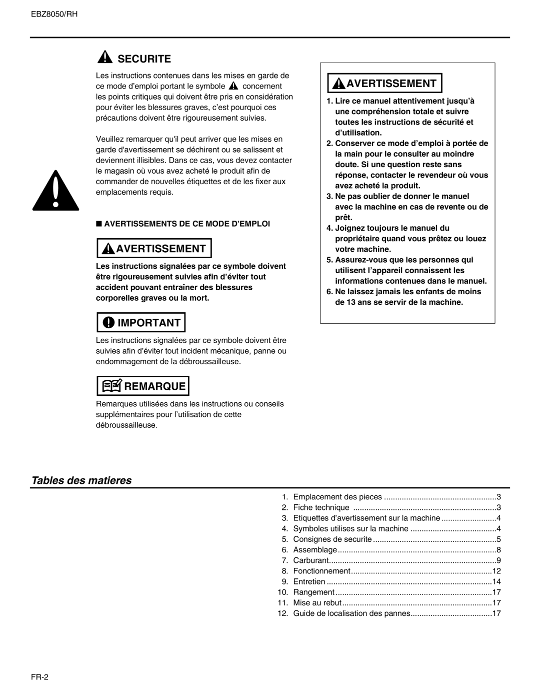 RedMax EBZ8050RH manual Tables des matieres, Avertissements DE CE Mode D’EMPLOI 