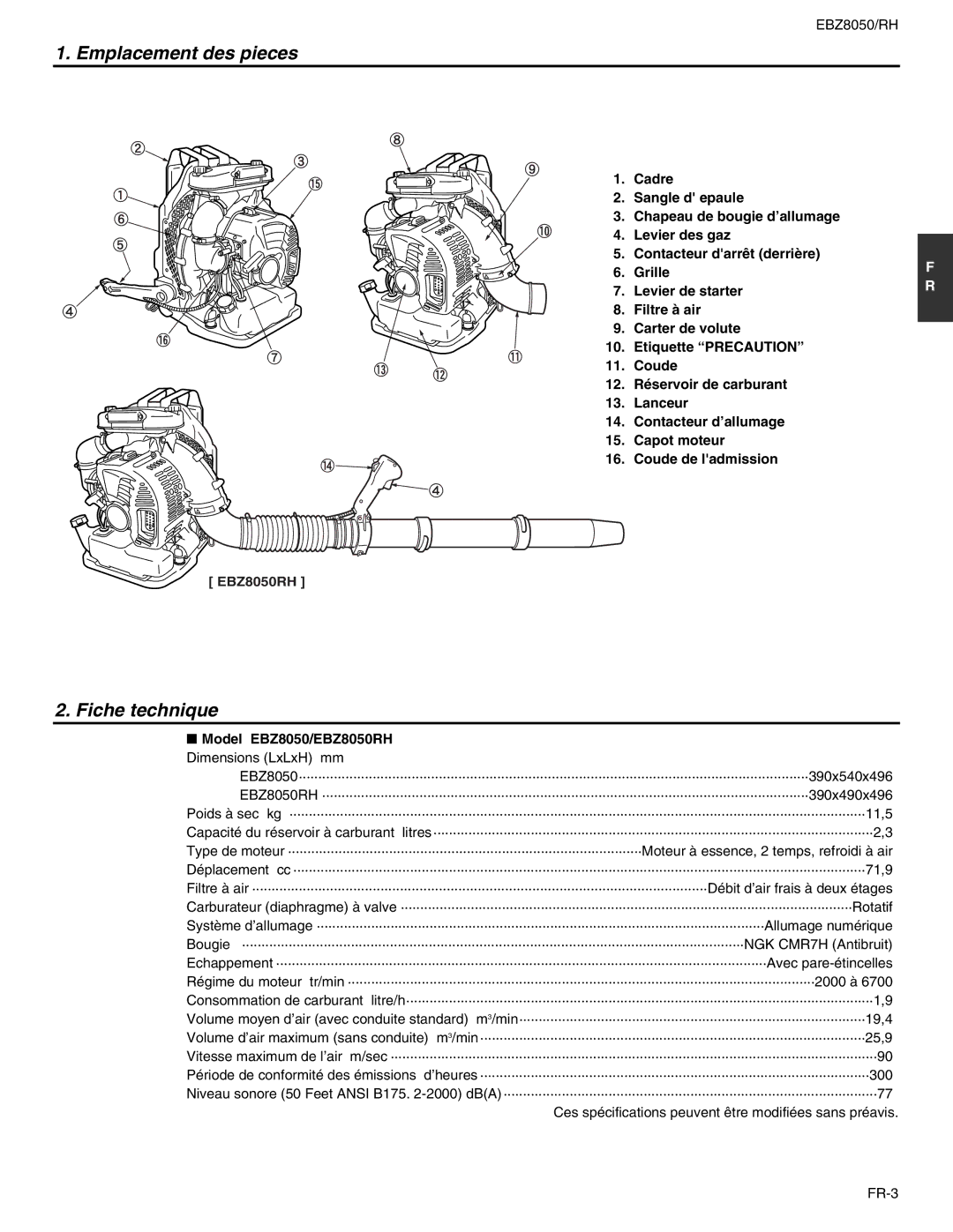 RedMax manual Emplacement des pieces, Fiche technique, Model EBZ8050/EBZ8050RH Dimensions LxLxH mm 