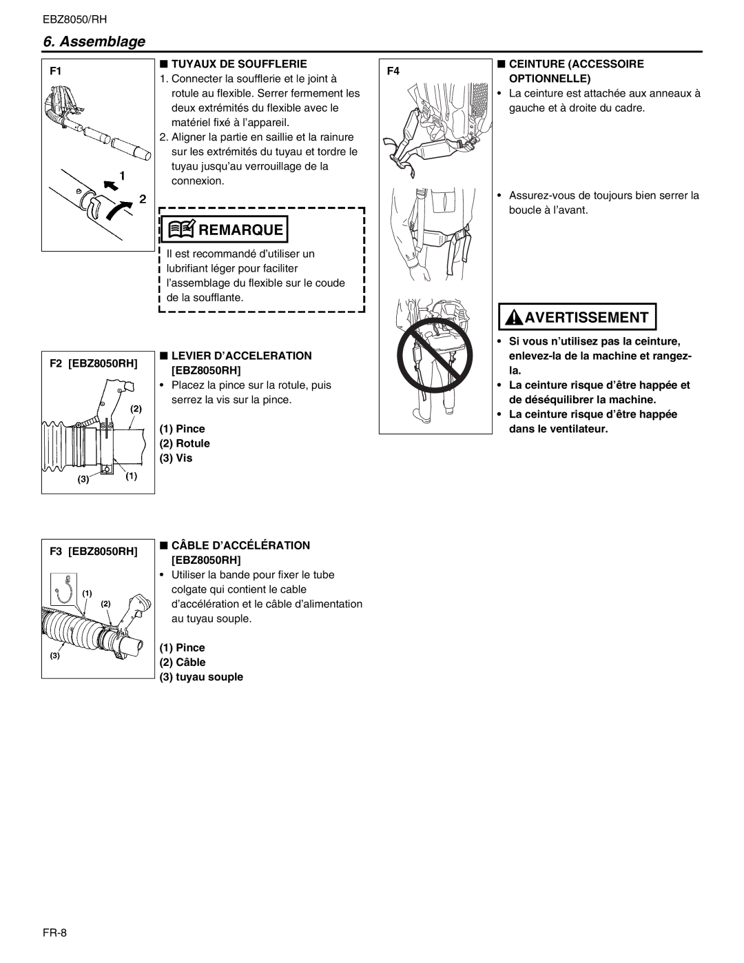 RedMax manual Assemblage, Tuyaux DE Soufflerie, Levier D’ACCELERATION EBZ8050RH, Ceinture Accessoire Optionnelle 