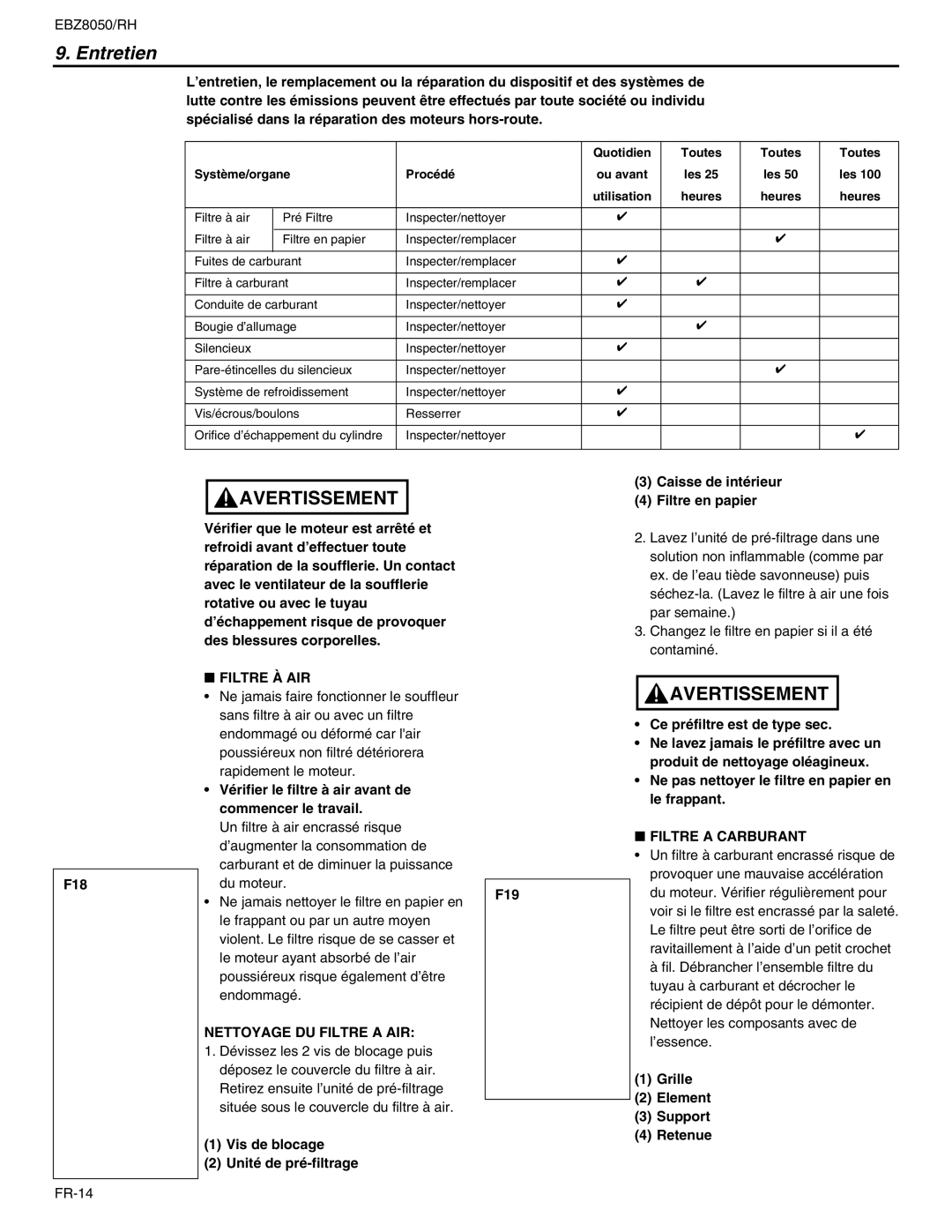 RedMax EBZ8050RH manual Entretien, Filtre À AIR, Nettoyage DU Filtre a AIR, Filtre a Carburant 