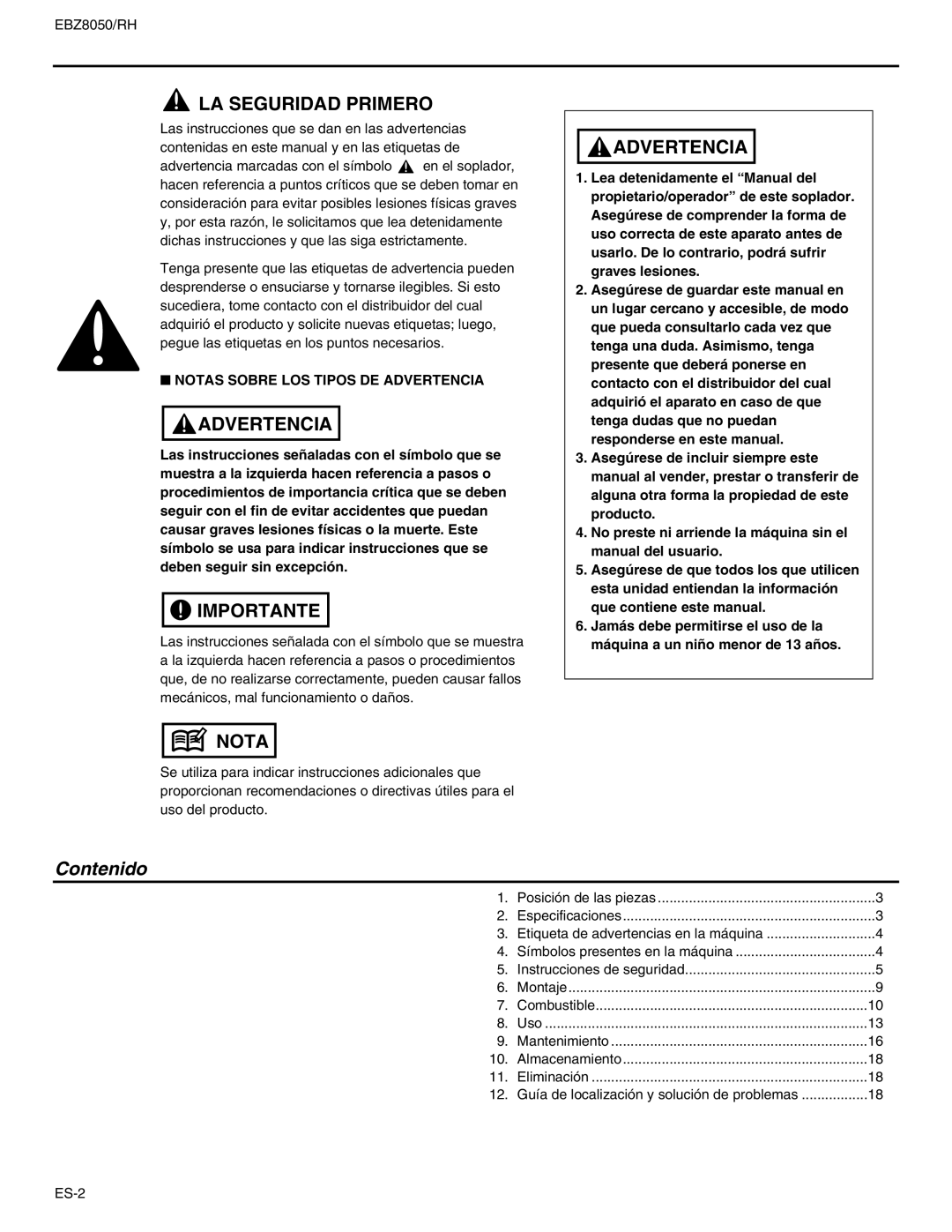 RedMax EBZ8050RH manual Contenido, Notas Sobre LOS Tipos DE Advertencia 