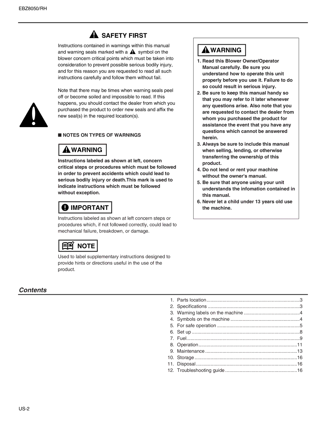 RedMax EBZ8050RH manual Contents 